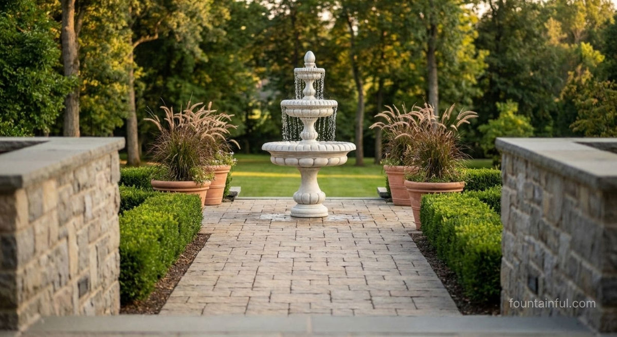 Pioggia 3-Tier Fountain at the end of a formal garden axis, framed by stone walls, clipped boxwood hedges and terracotta planters along a paver walkway.