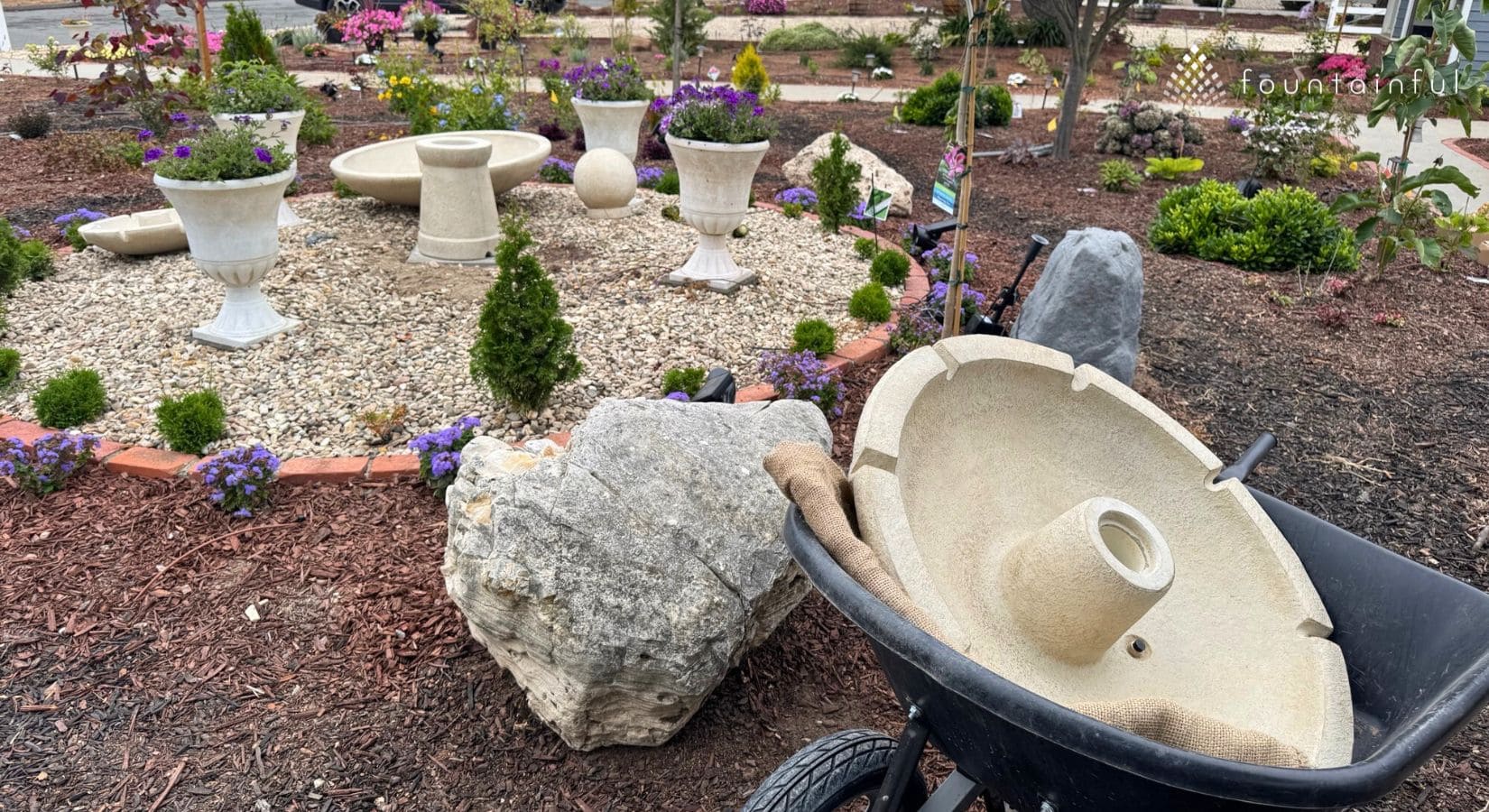 Concrete garden urns and fountain piece ready for a professional landscape installation