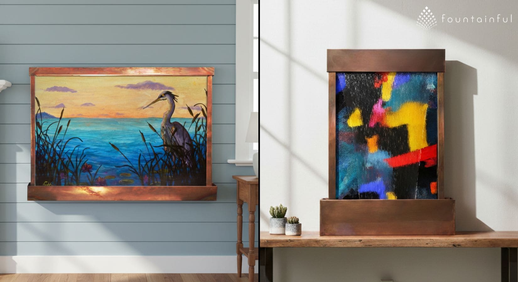 Cameron Harvey Blue Heron wall fountain with painted heron artwork and flowing water, paired with the Nocturne tabletop fountain