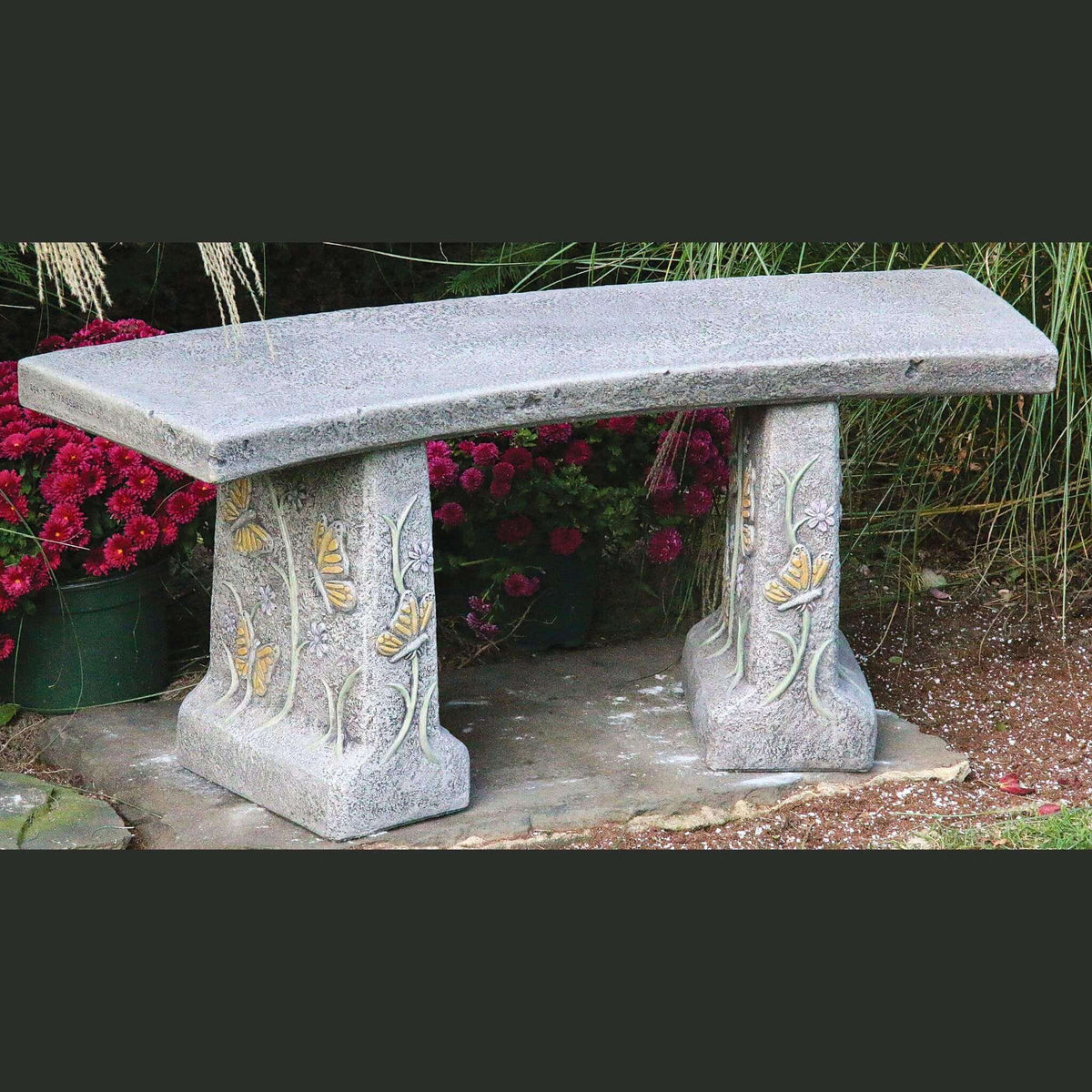 Butterfly & Flowers Concrete Garden Bench - Massarellis #4174