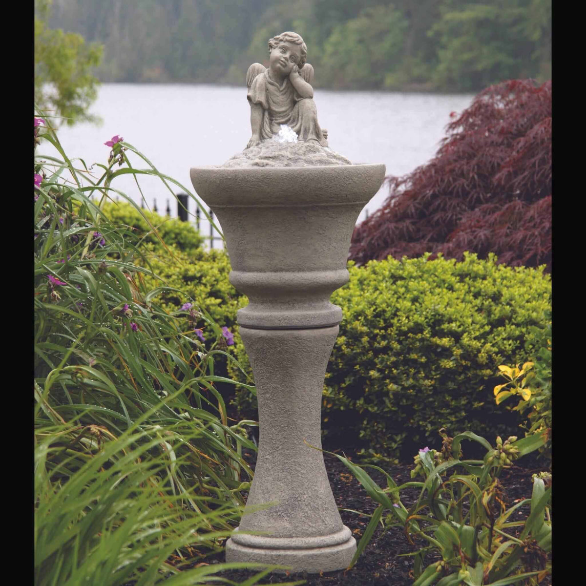Sitting Angel Concrete Fountainette w/Lights - Massarellis #3907