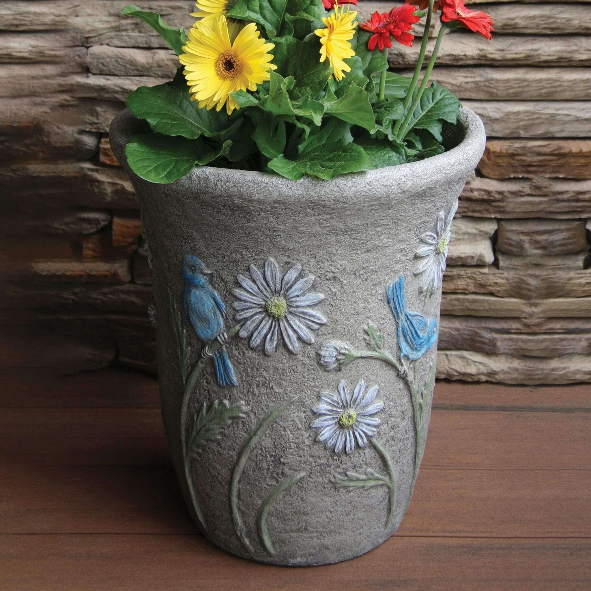 bluebird hanging planter pot Bluebird & Flowers Concrete Planter