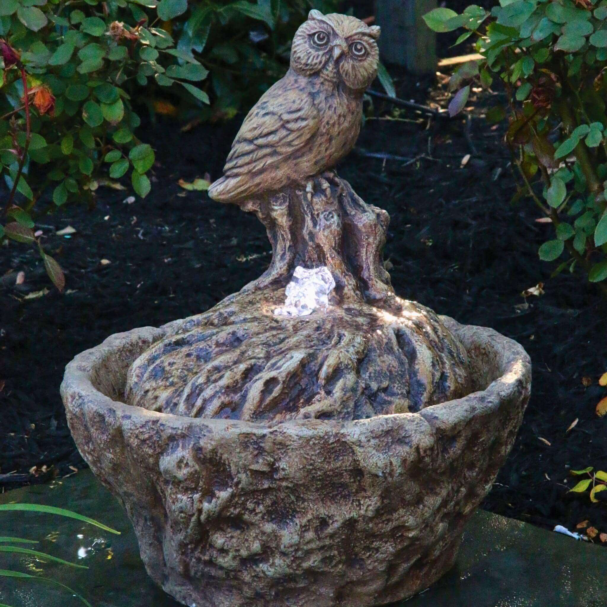Owl Concrete Fountainette Parva w/Lights - Massarellis #3948