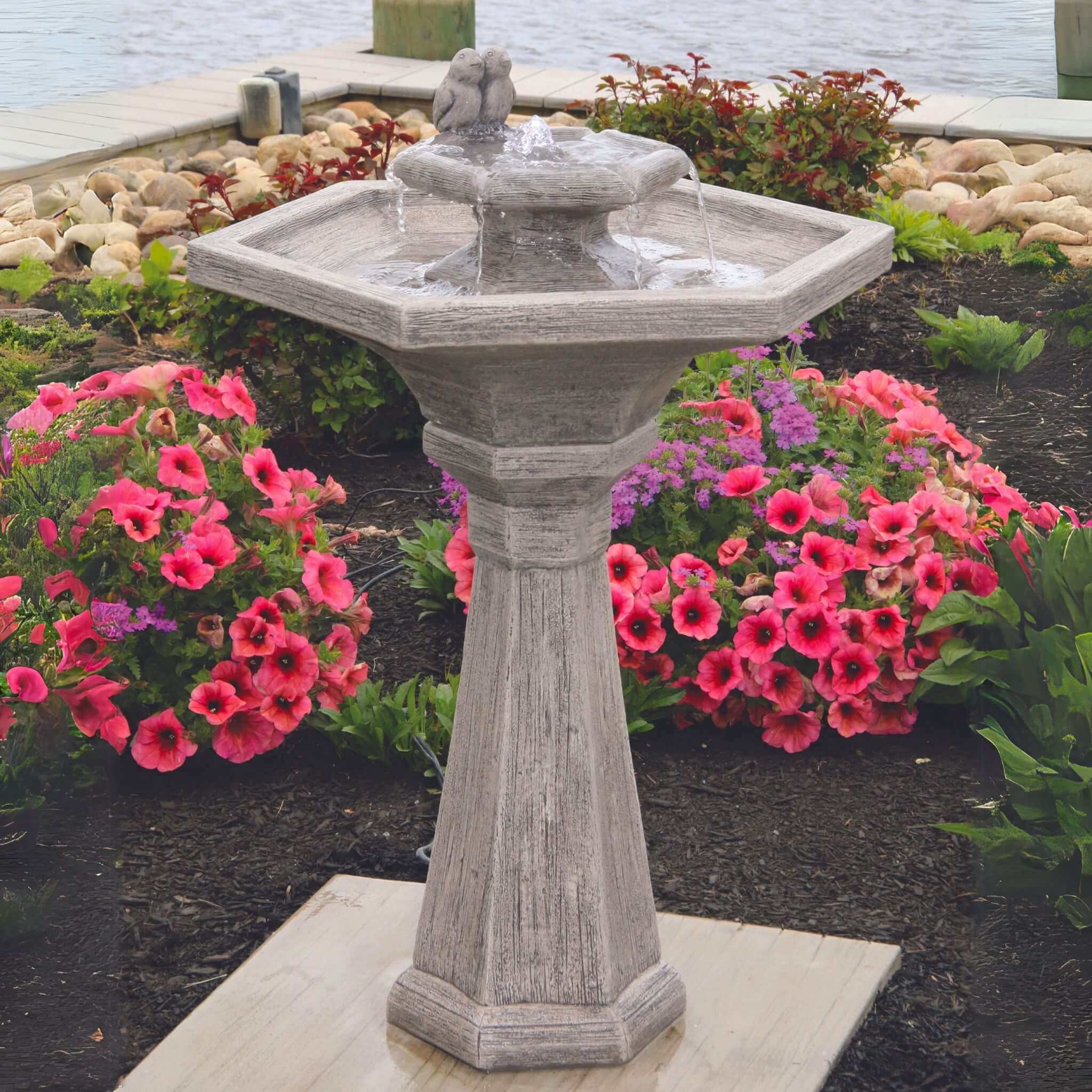 Chelsea Bird 2-Tier Hexagon Concrete Fountain w/Lights - Massarellis #3821