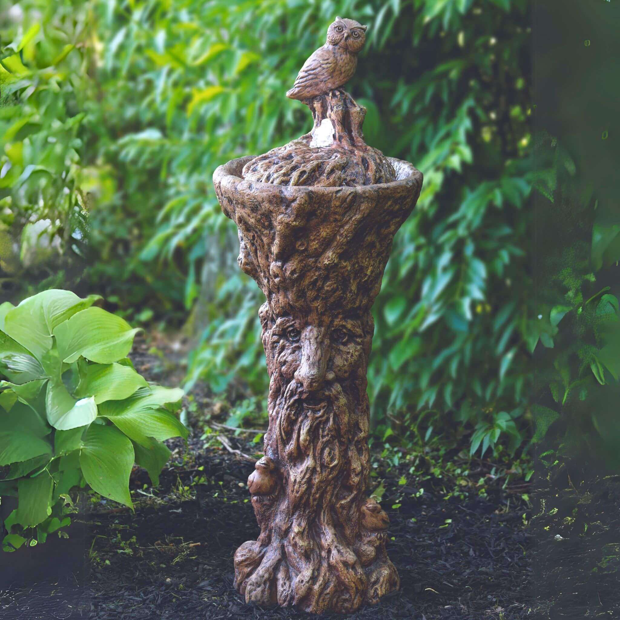 Owl Concrete Fountainette w/ Tree Man Pedestal & Lights - Massarellis #3929