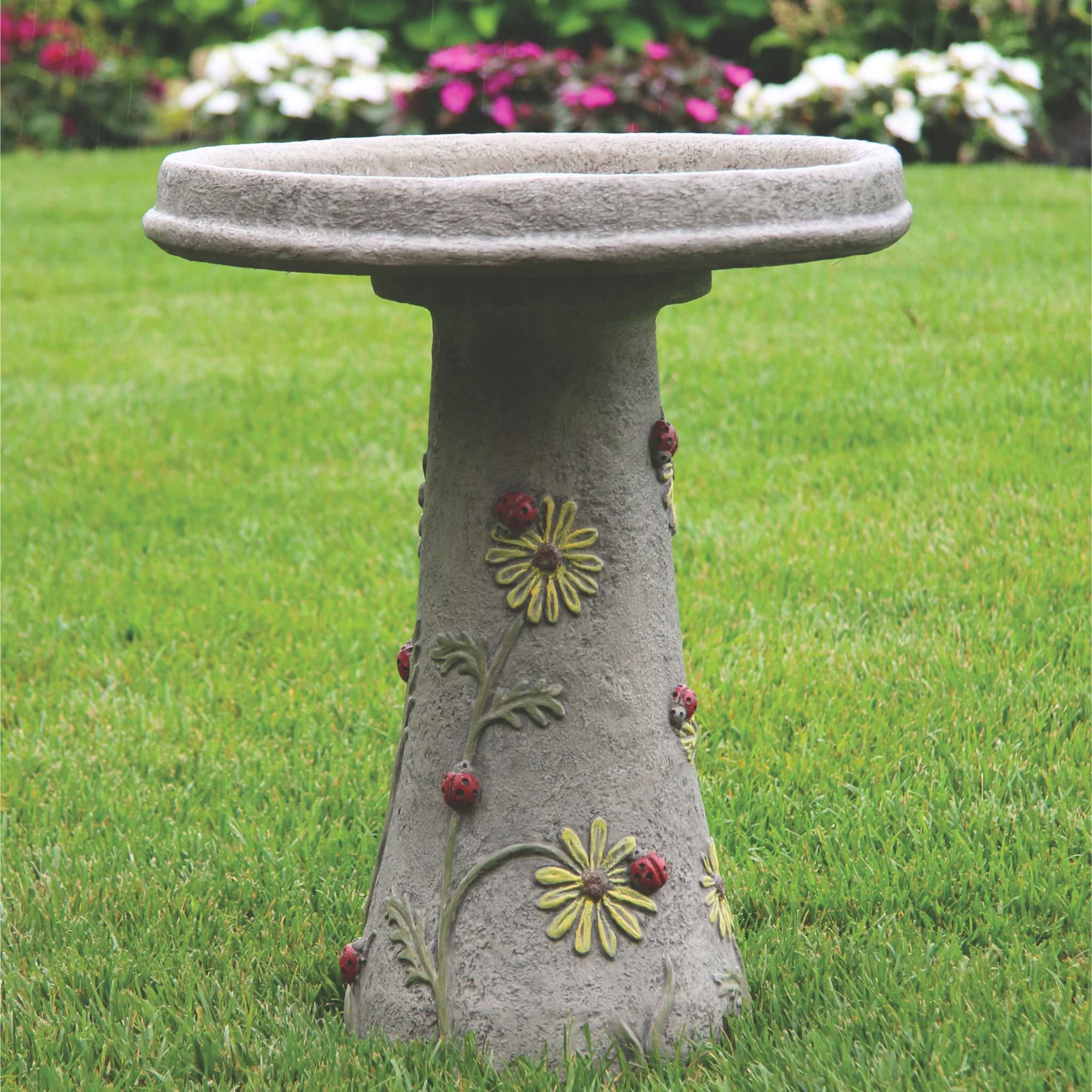Ladybug & Flowers Concrete Bird Bath - Massarellis #9777