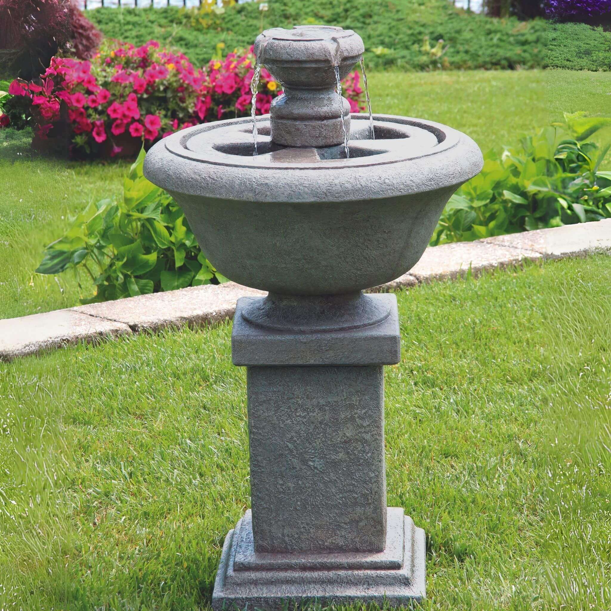 Cheshire 2-Tier Concrete Pedestal Fountain w/Lights - Massarellis #3570