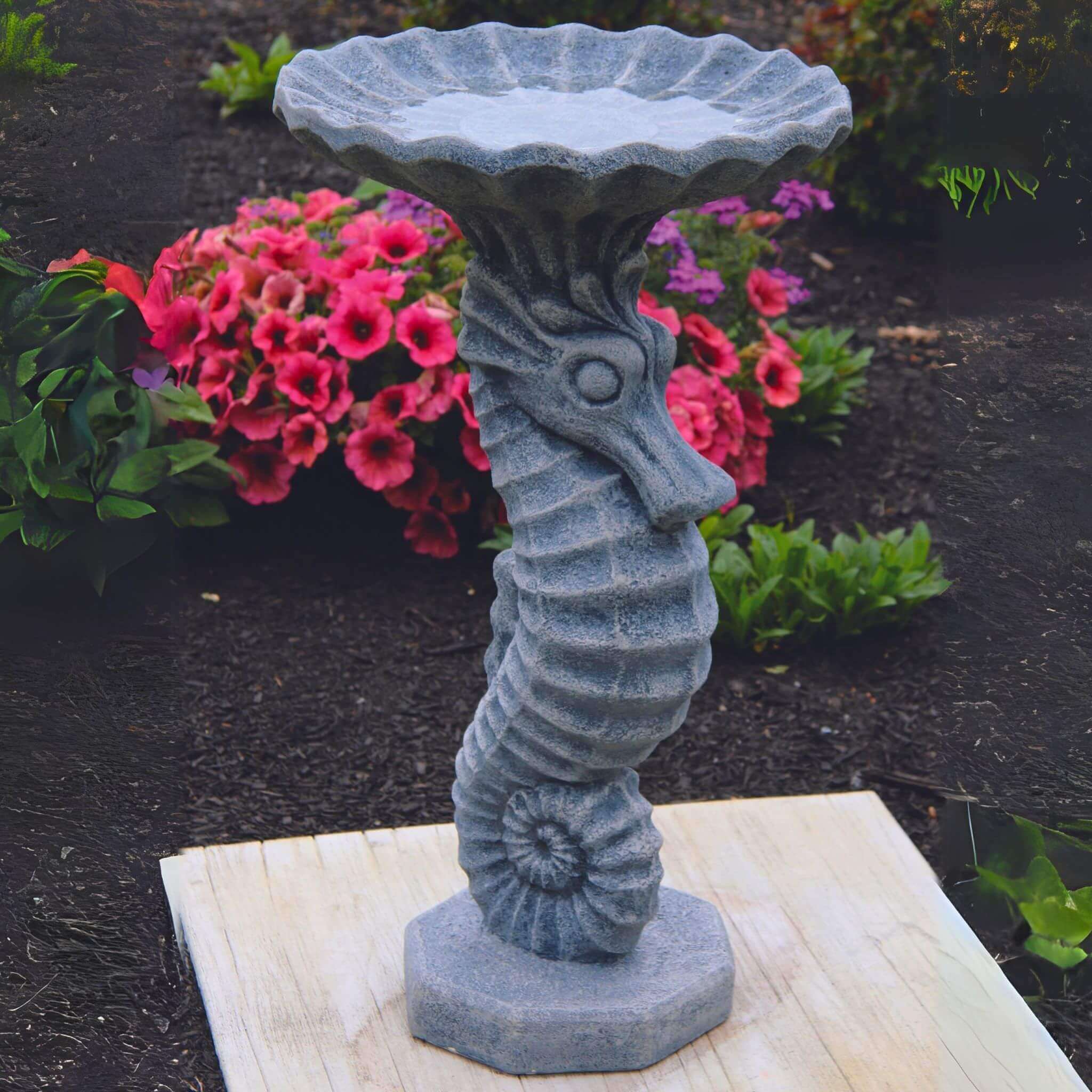 Seahorse Sculpted 1-Piece Concrete Bird Bath - Massarellis #9759