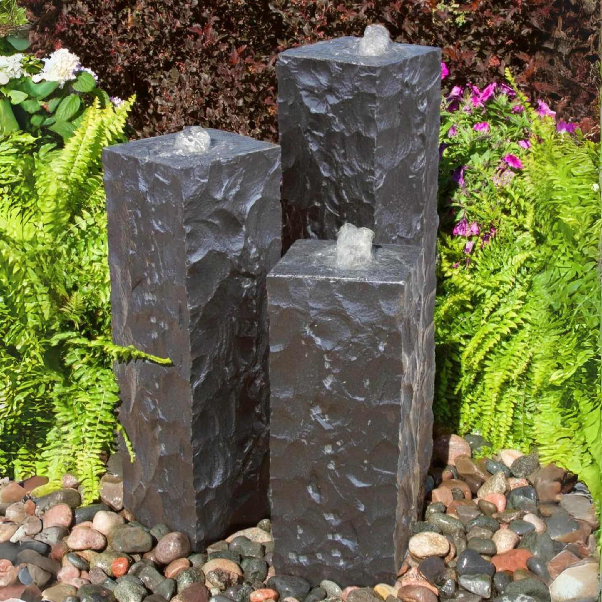 Black Chiseled Basalt 3-Piece Column Fountain - Complete Kit- Blue Thumb