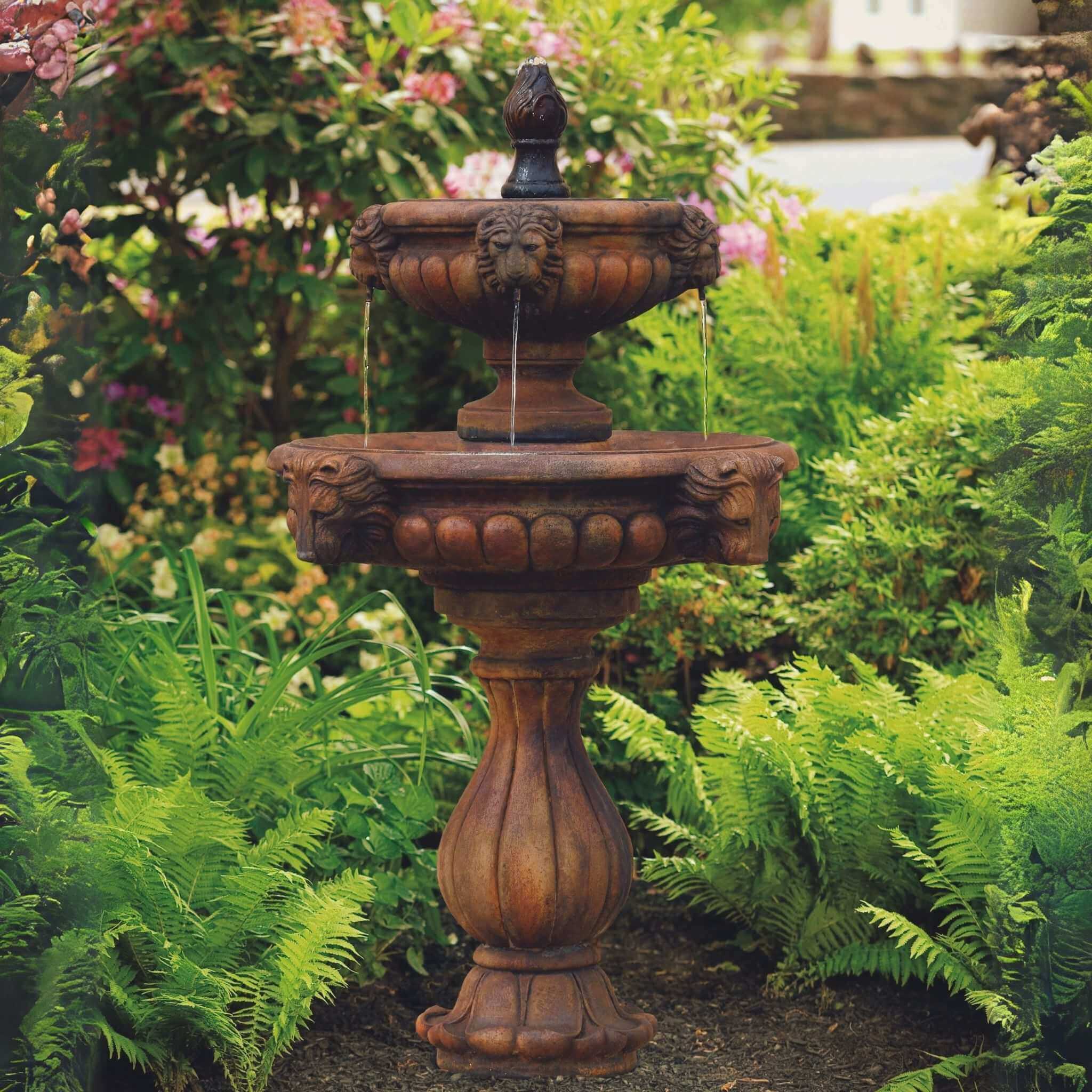 Classic Lion Head 2-Tier Concrete Fountain - Massarellis #3561