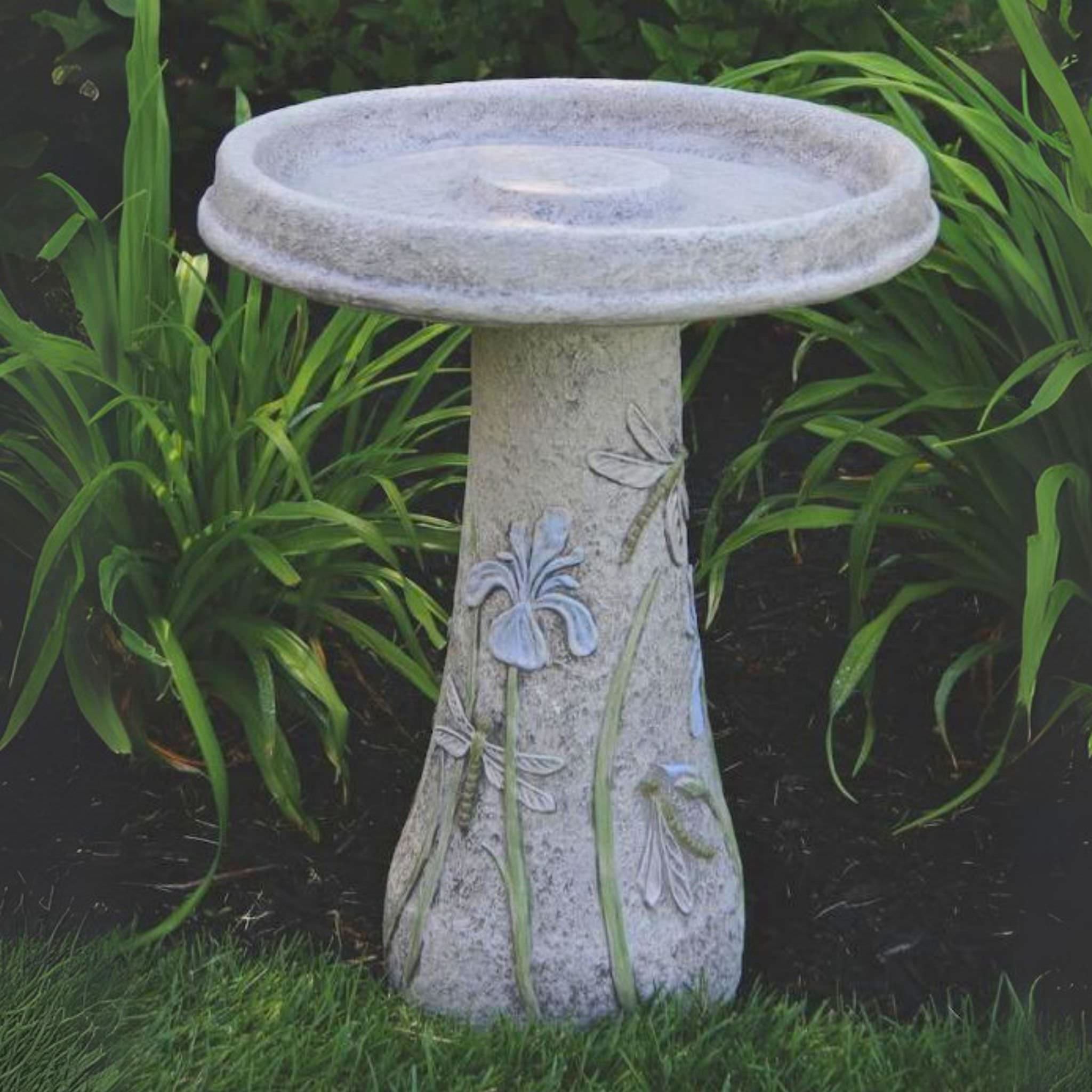Dragonfly & Flowers Concrete Bird Bath - Massarellis #9753