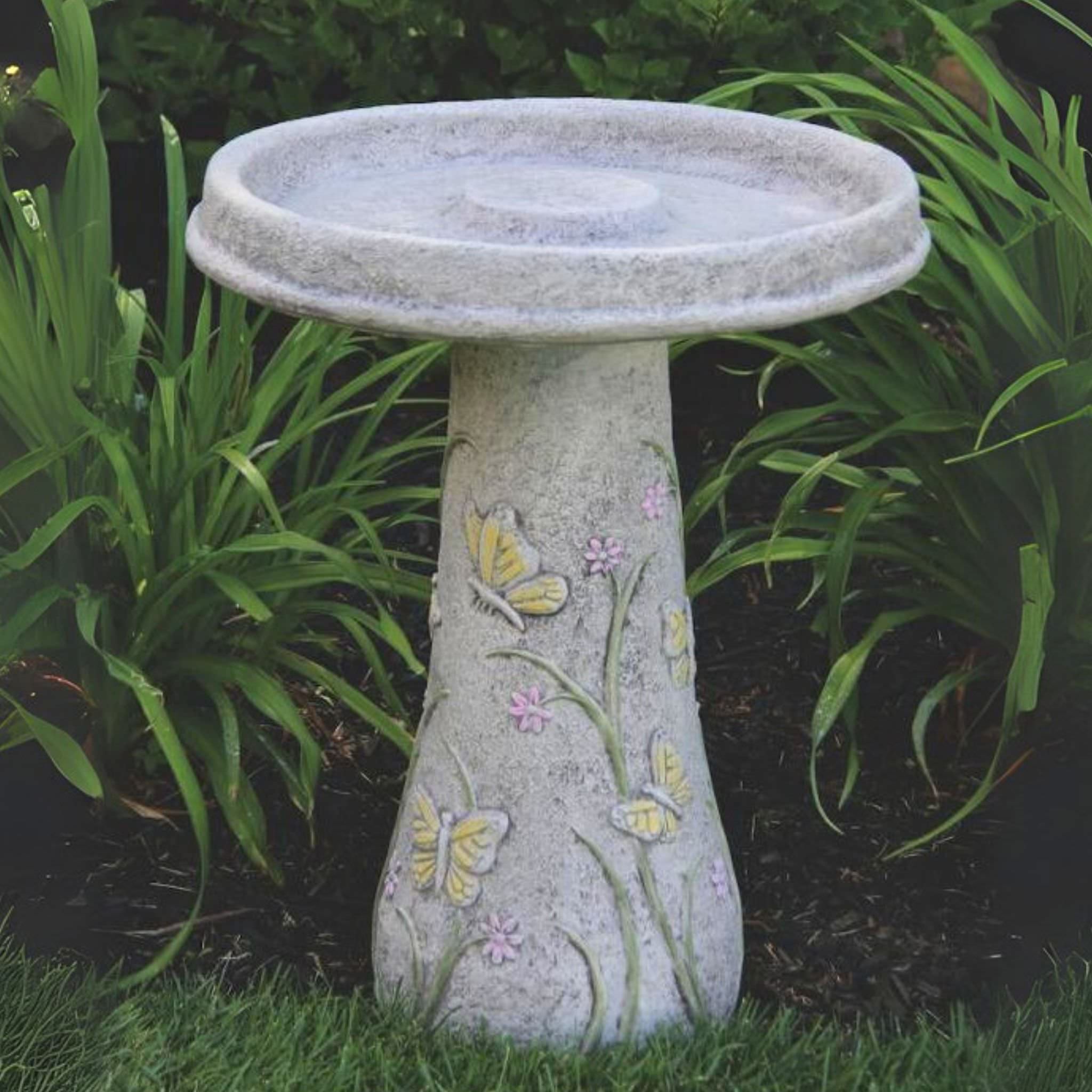 Butterfly & Flowers Concrete Bird Bath - Massarellis #9751