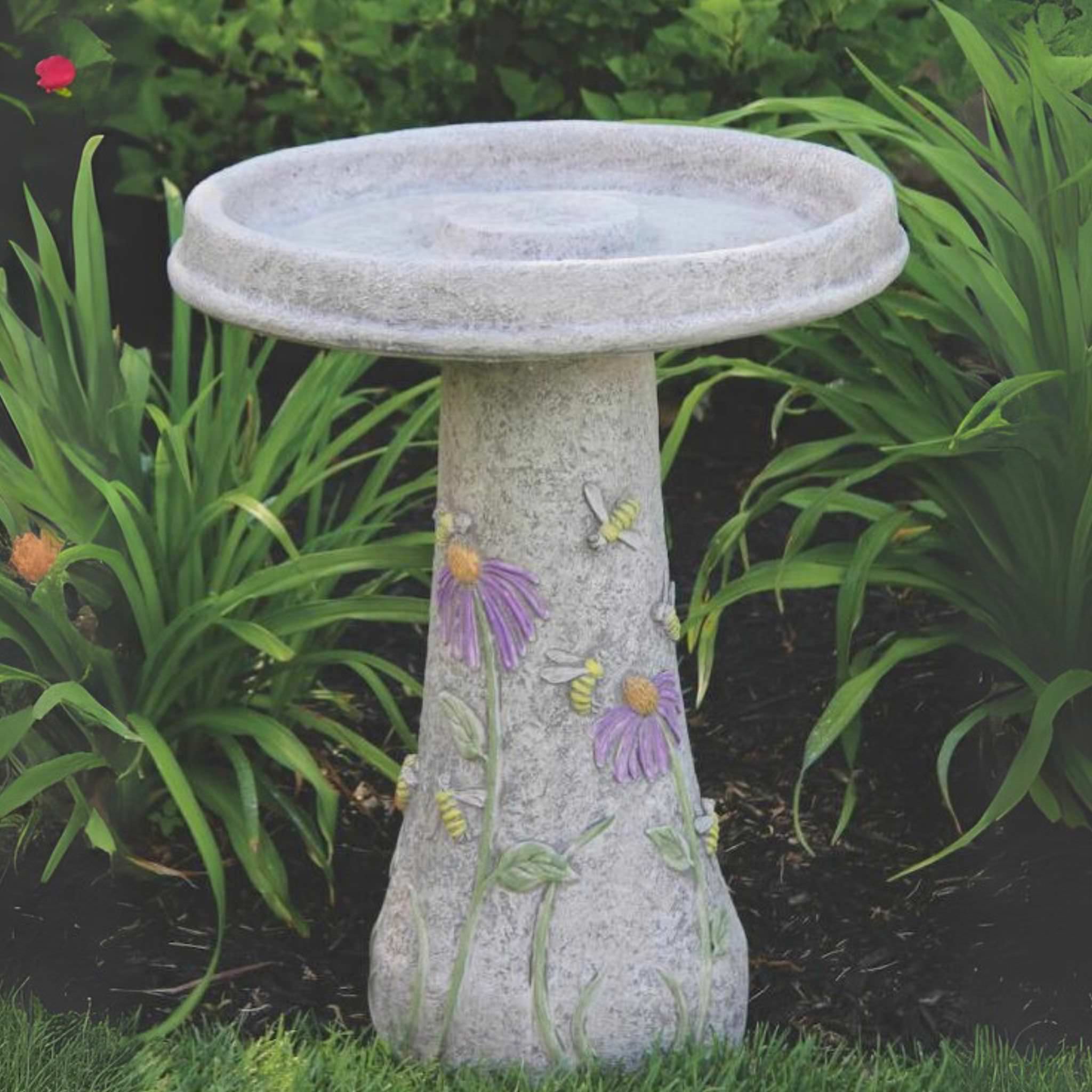 Honeybee & Flowers Concrete Bird Bath - Massarellis #9752