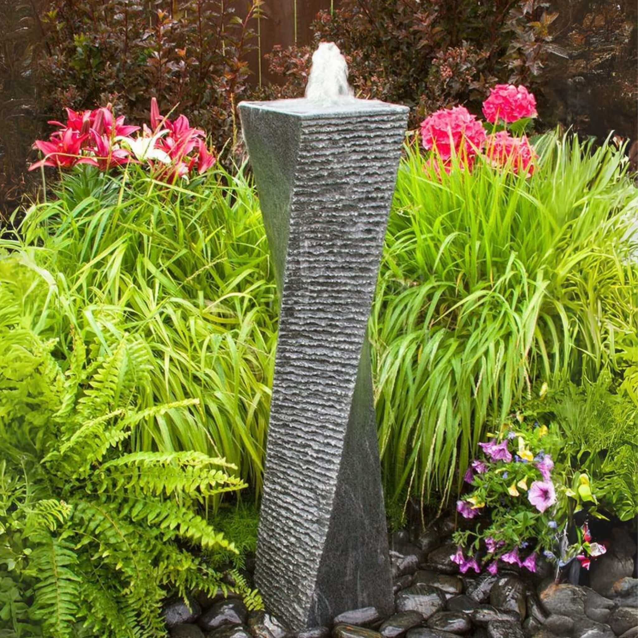 Gray Polished Granite Twist Tower Fountain Kit - Blue Thumb