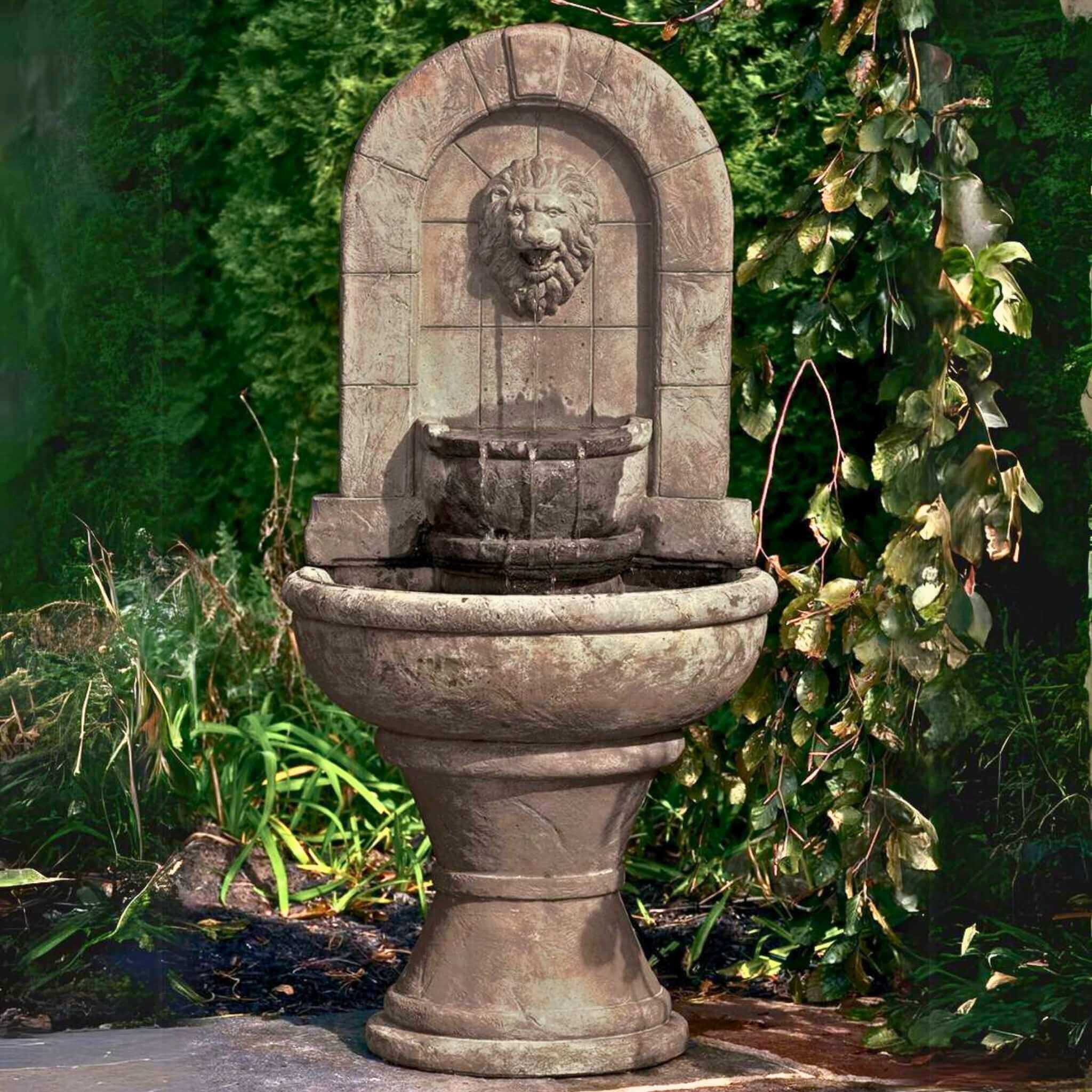 Lion Finial Concrete Garden Wall Fountain - Massarellis #3567