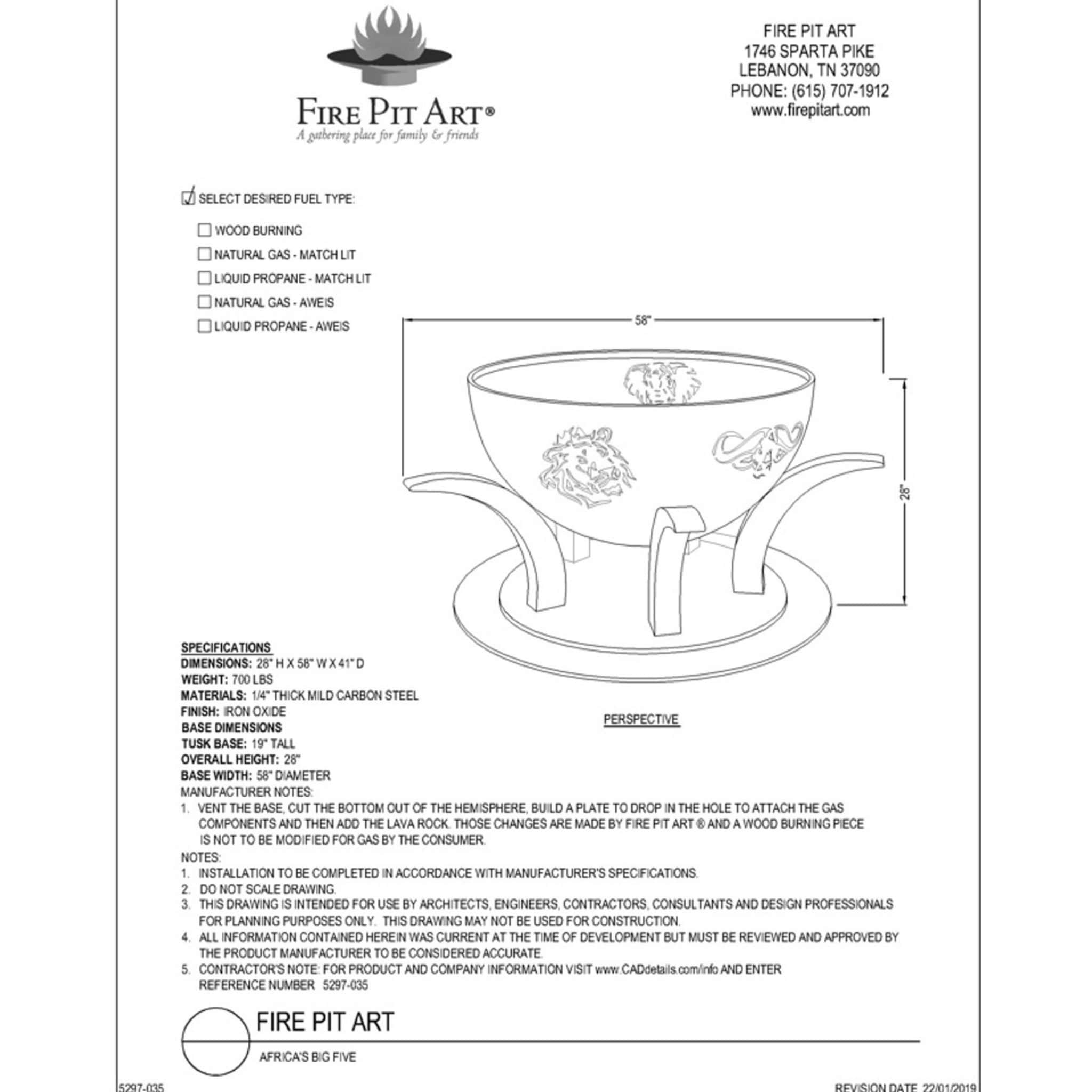 Africa's Big Five Wood Burning Fire Pit in Steel - Fire Pit Art