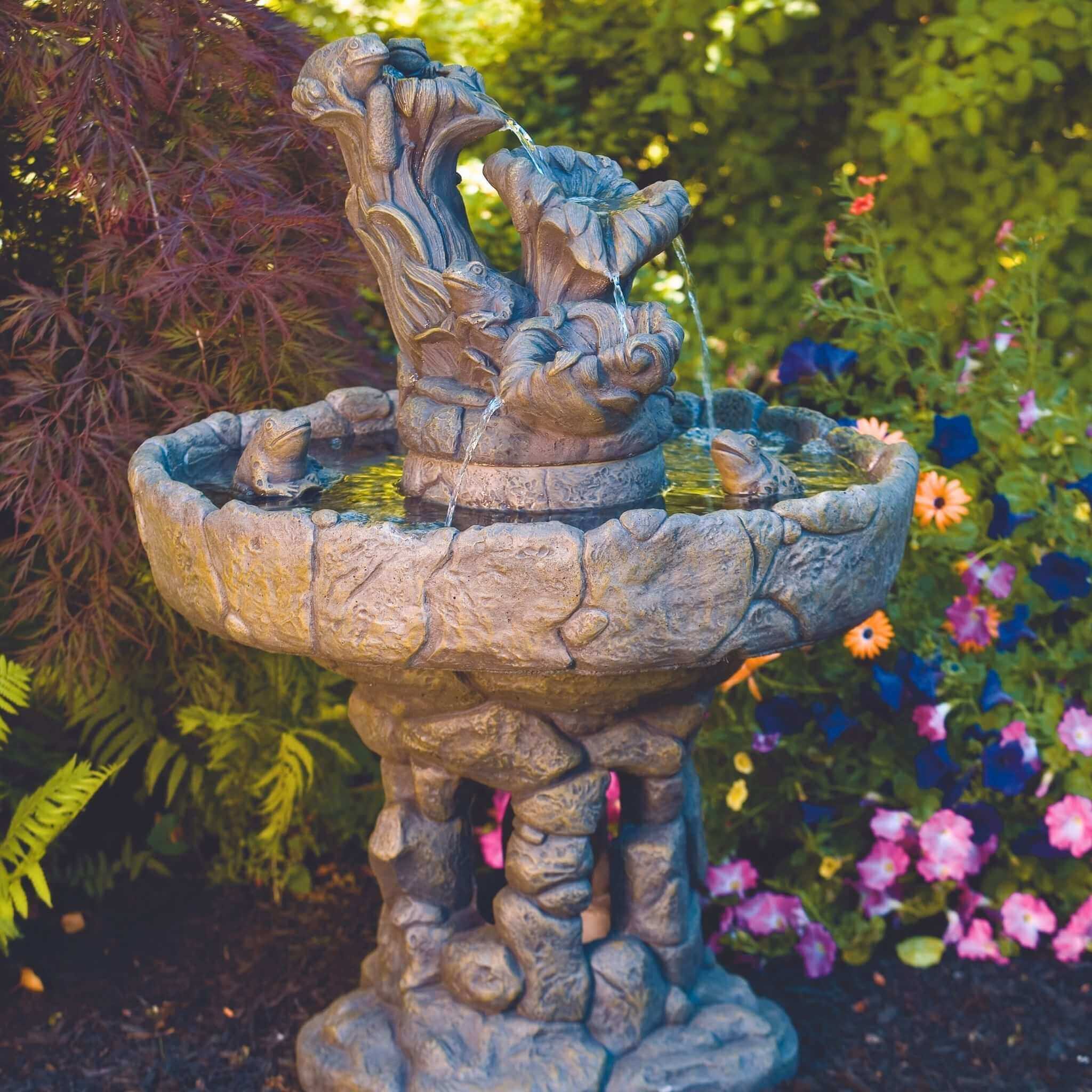 Frog & Cattail 3-Tier Concrete Fountain - Massarellis #3375