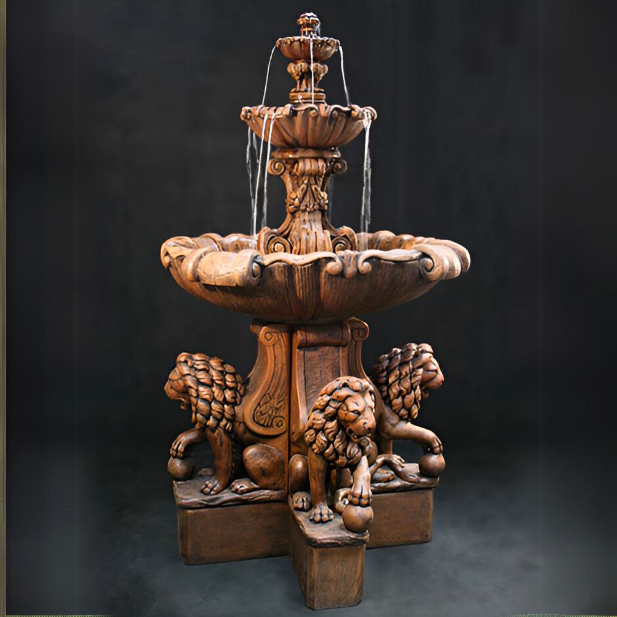 Vesuvio 3-Tier Fountain with Lion Pedestals - Fiore Stone