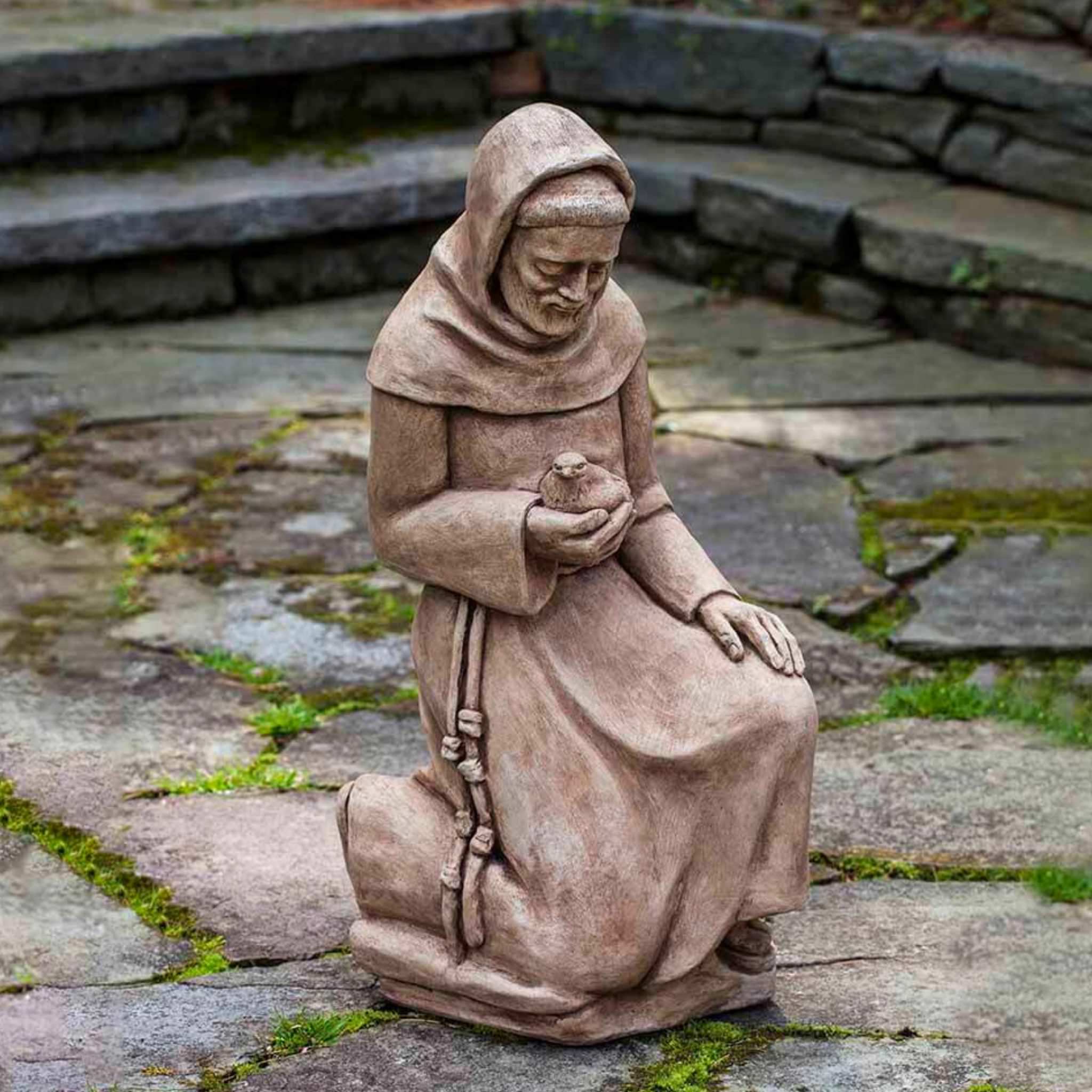 Kneeling St. Francis w/Bird Concrete Garden Statue - Campania #R116