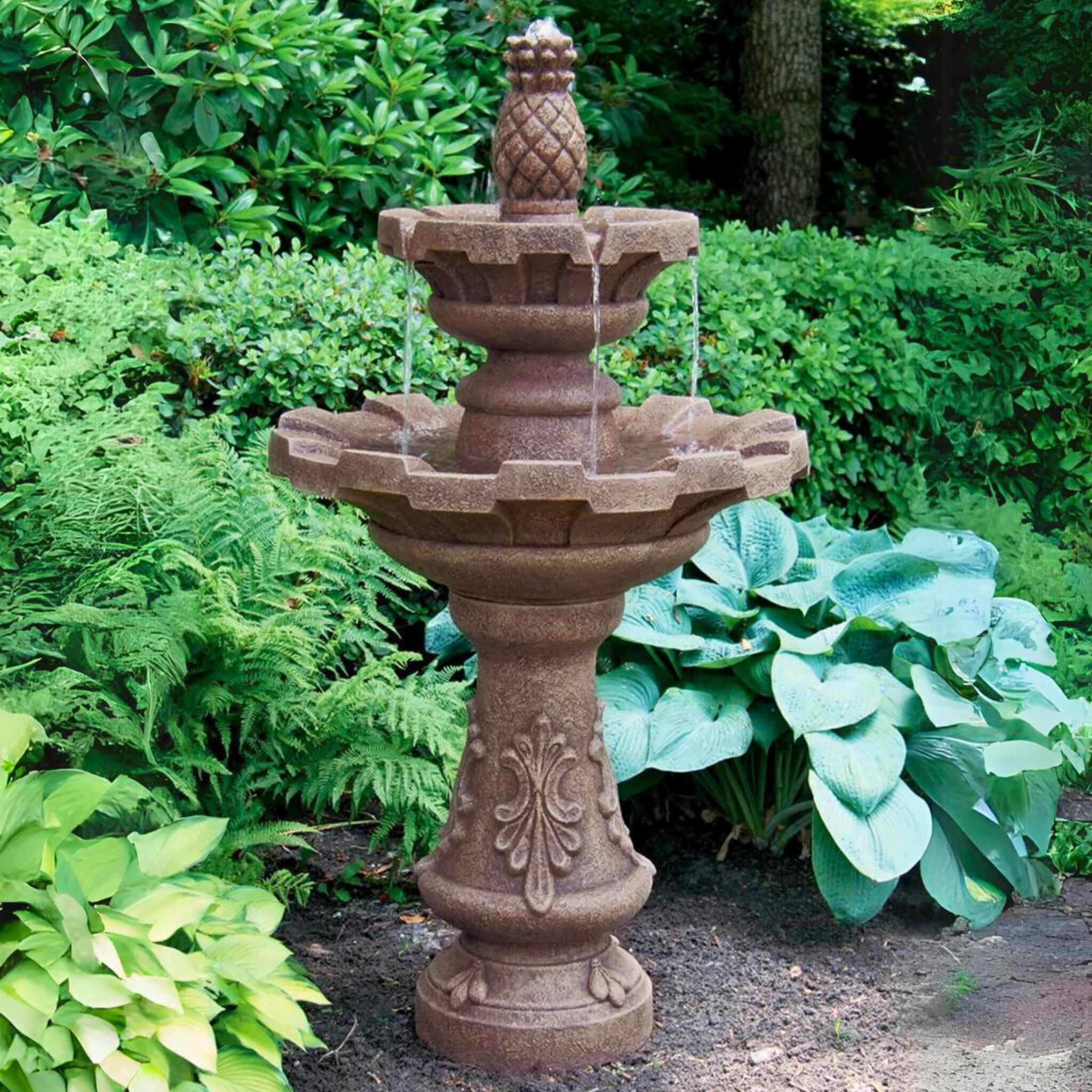 Fluted 2-Tier Concrete Fountain with Pineapple Finial - Massarellis #3850