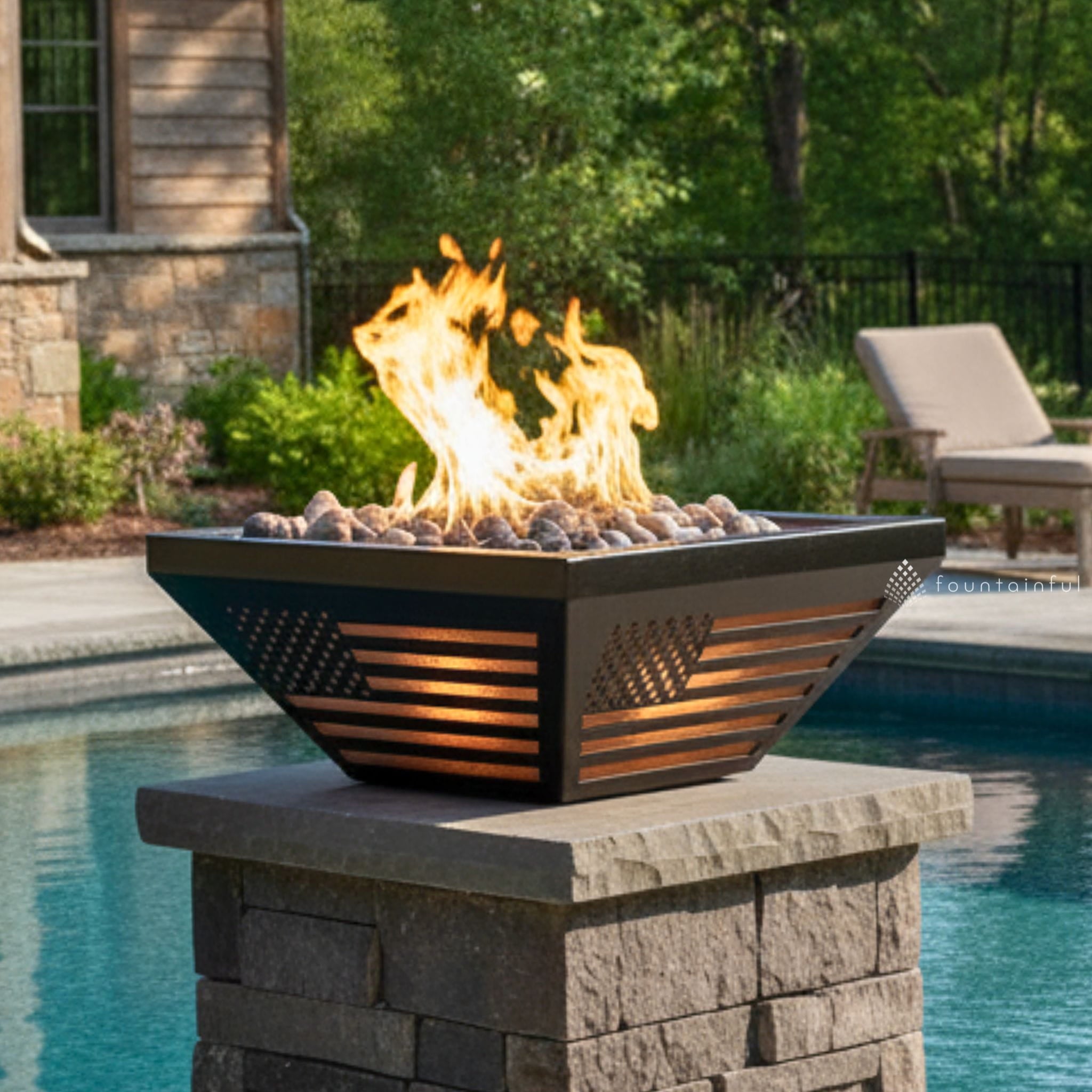 USA Flag LED Steel Fire Bowl for Pool or Patio - Outdoor Plus