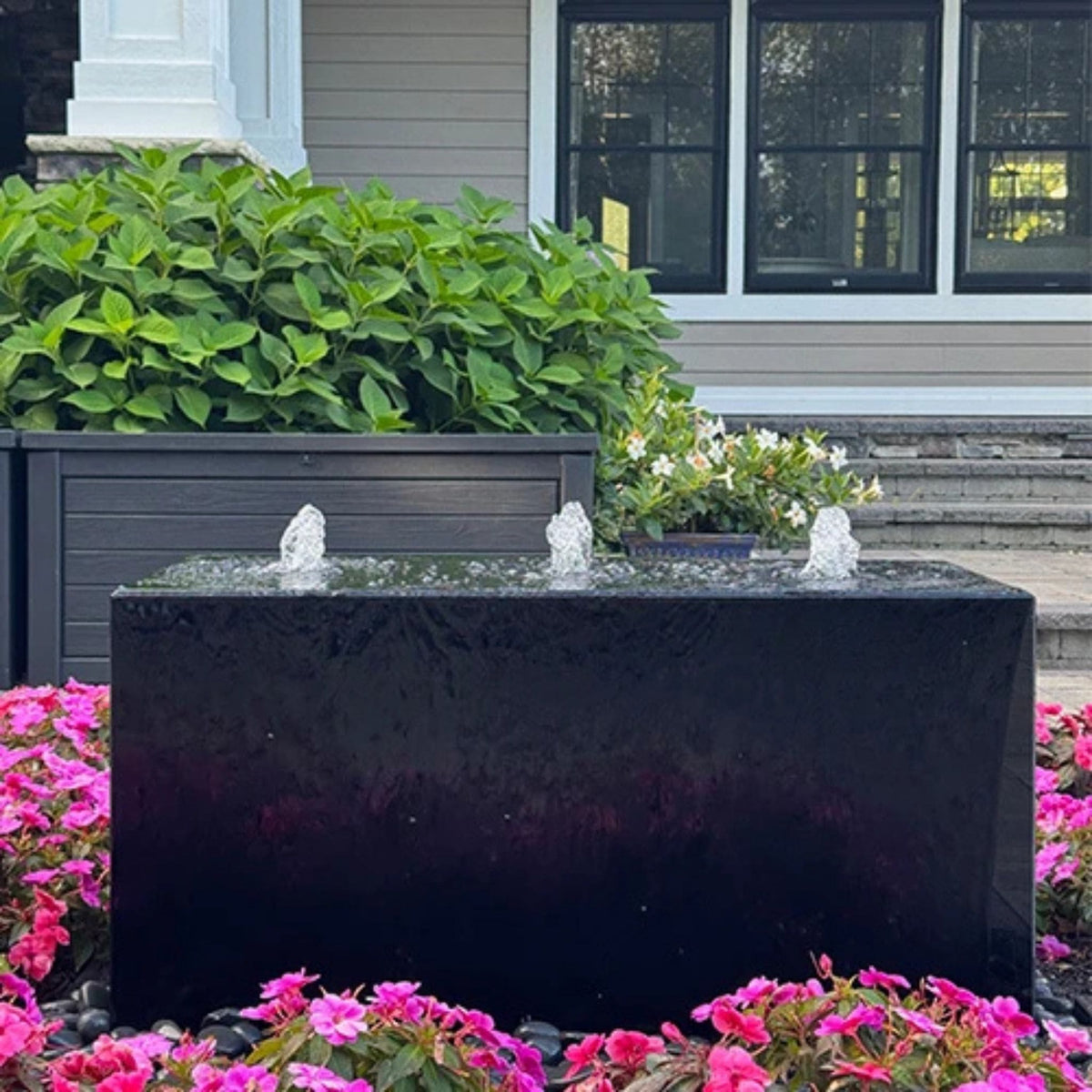 Acrylic Heiho Triple-Plume Fountain | Modern Black Water Feature - Rectangular Block