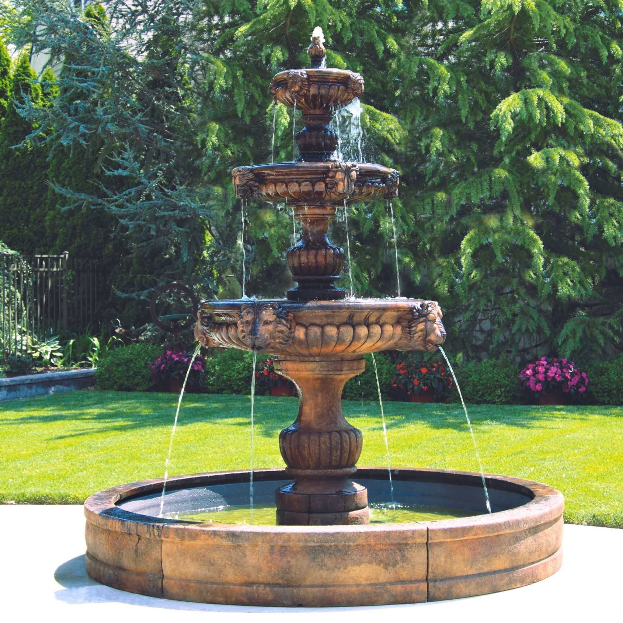Grandessa Lion Head 3-Tier Concrete Fountain with Pool - Massarellis #3777