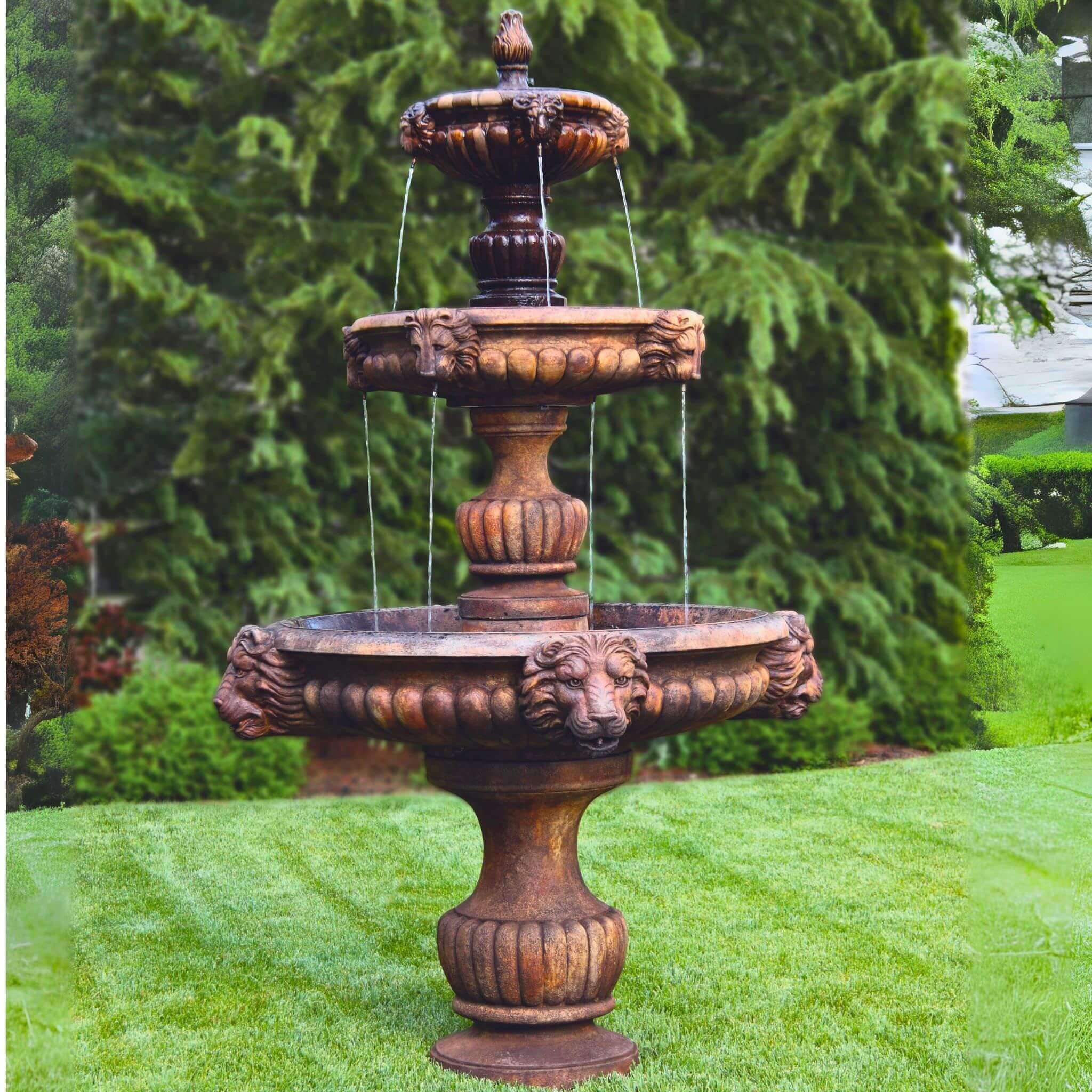 Grandessa Lion Head 3-Tier Concrete Fountain - Massarellis #3788