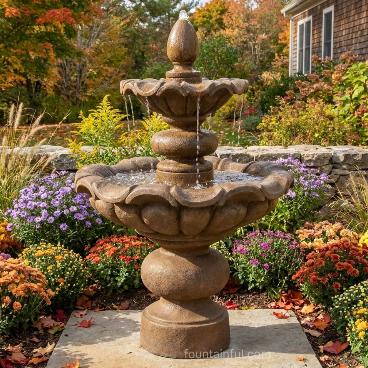 Scallop Globe 2-Tier Concrete Fountain - Massarellis #3826 - Handmade Garden Decor