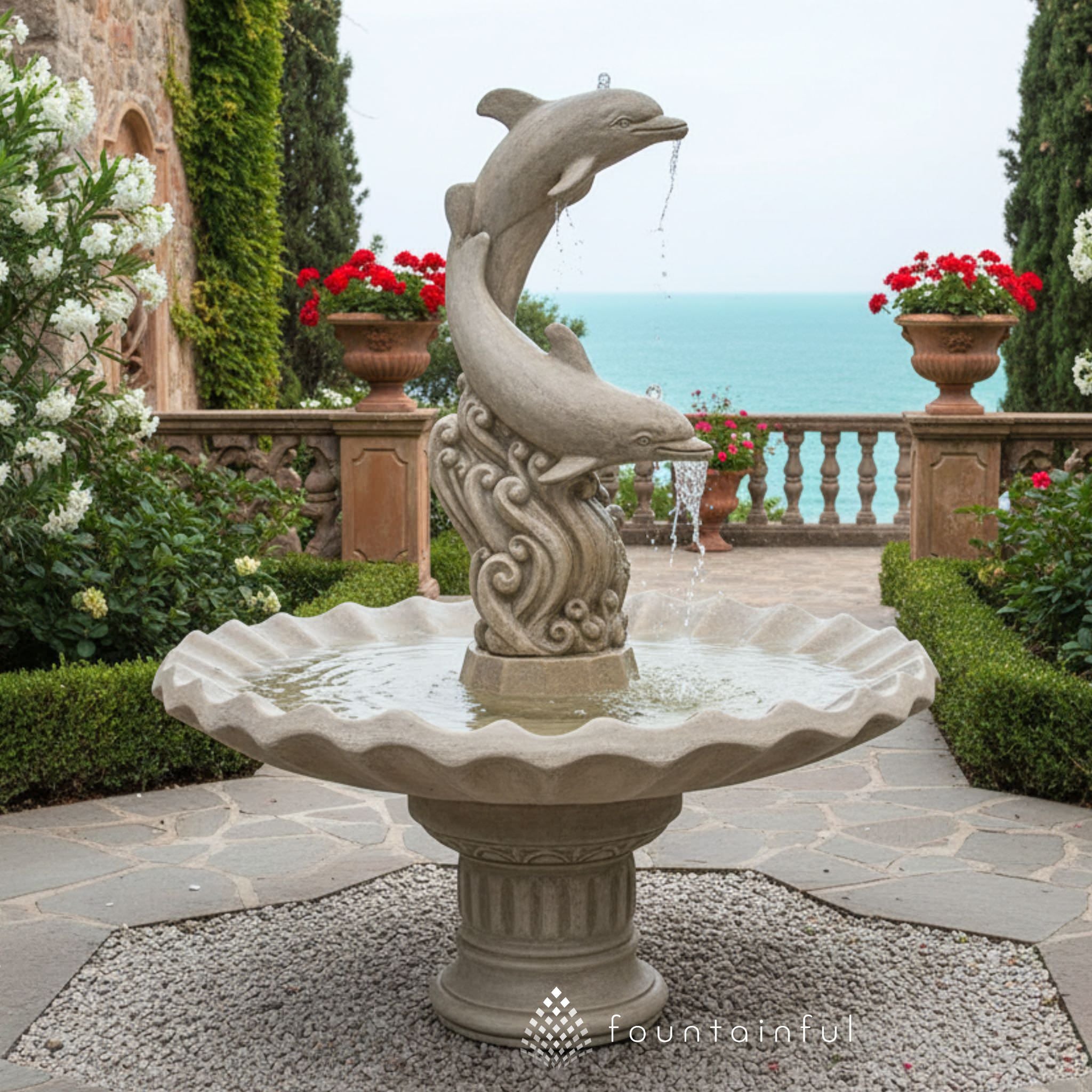 Dolphins with Shell Bowl Concrete Fountain - Fiore #2007
