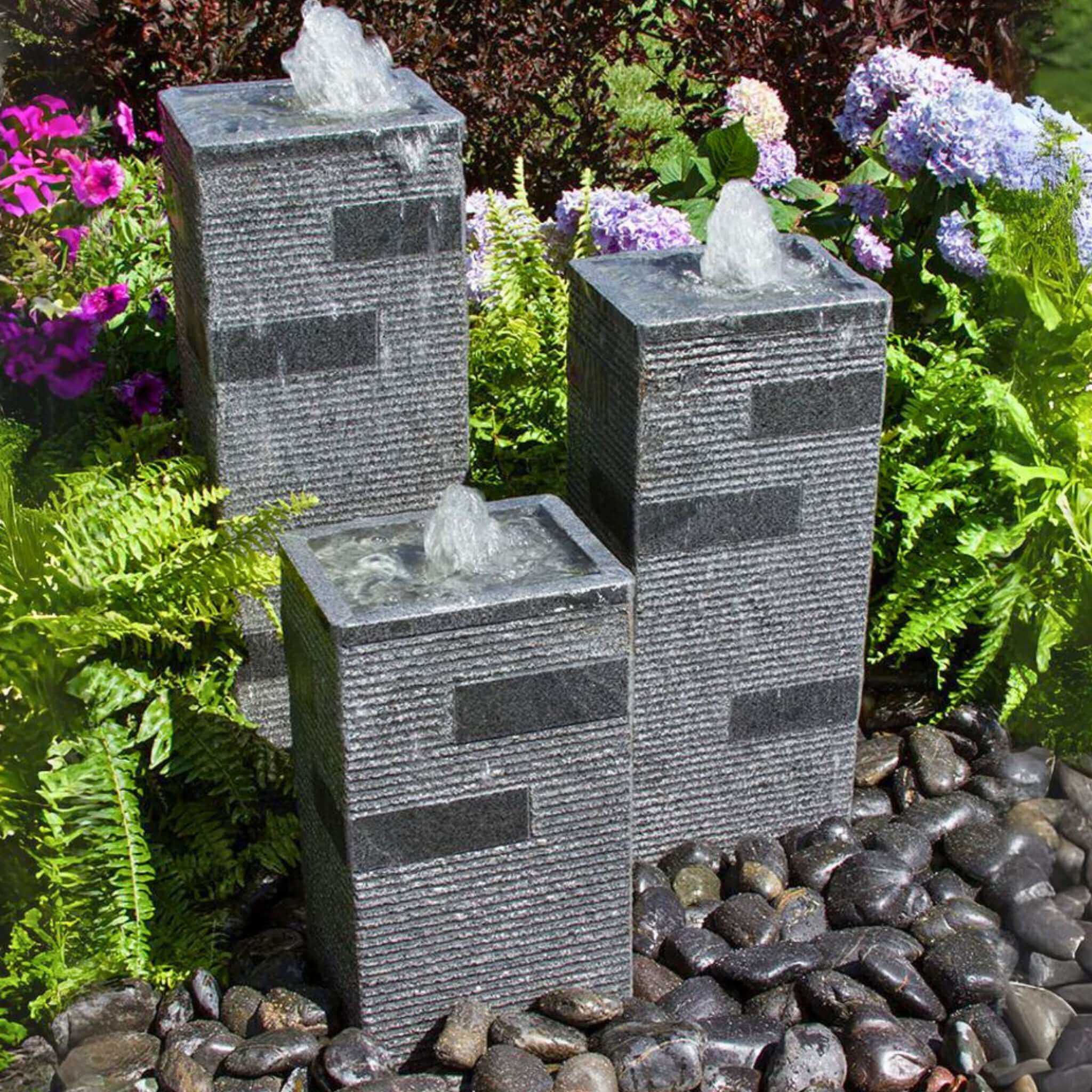 Polished Granite Block 3-Tower Fountain - Complete Kit - Blue Thumb
