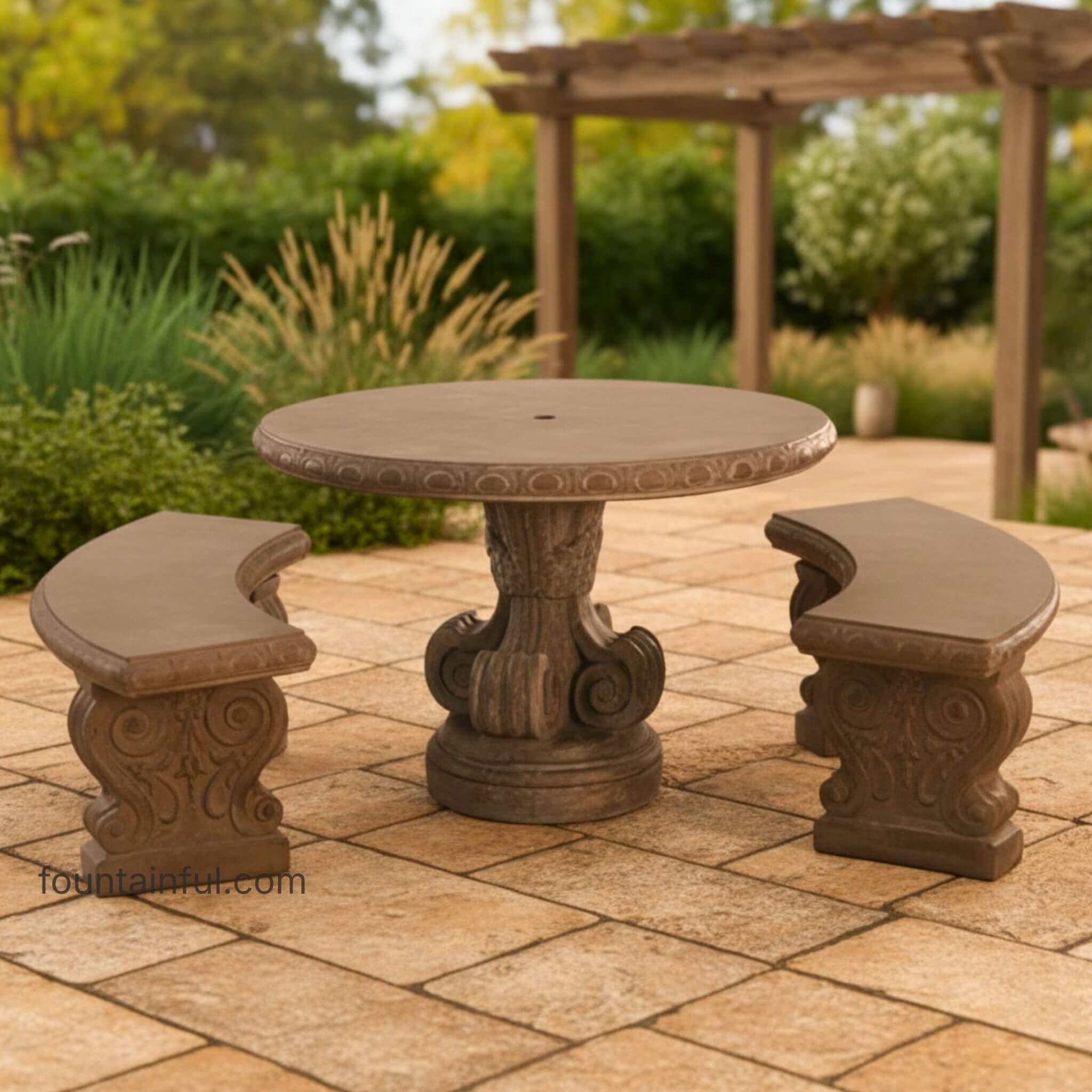 Curved Concrete Benches + Table Set - Fiore