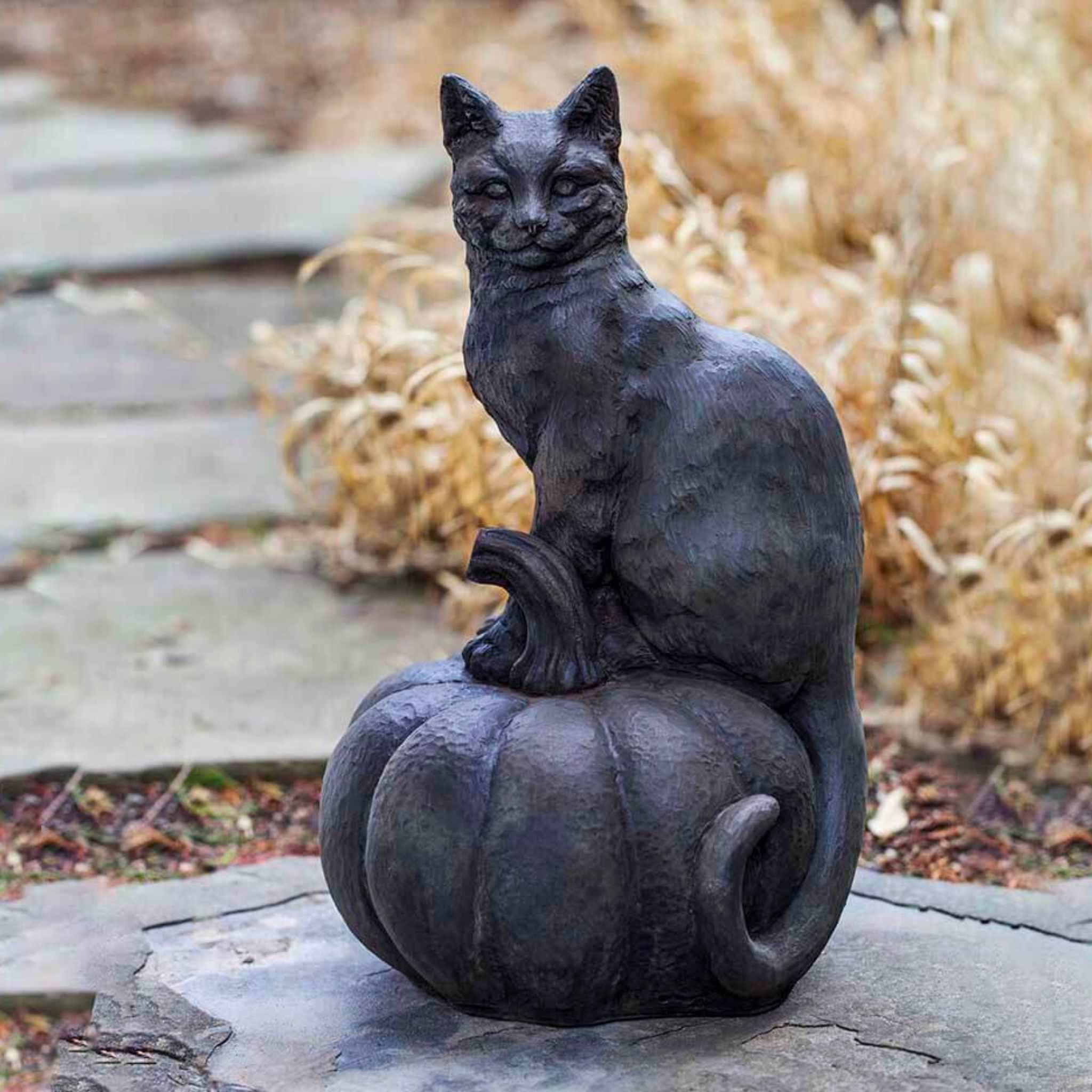Cat on Pumpkin Concrete Garden Statue - Campania