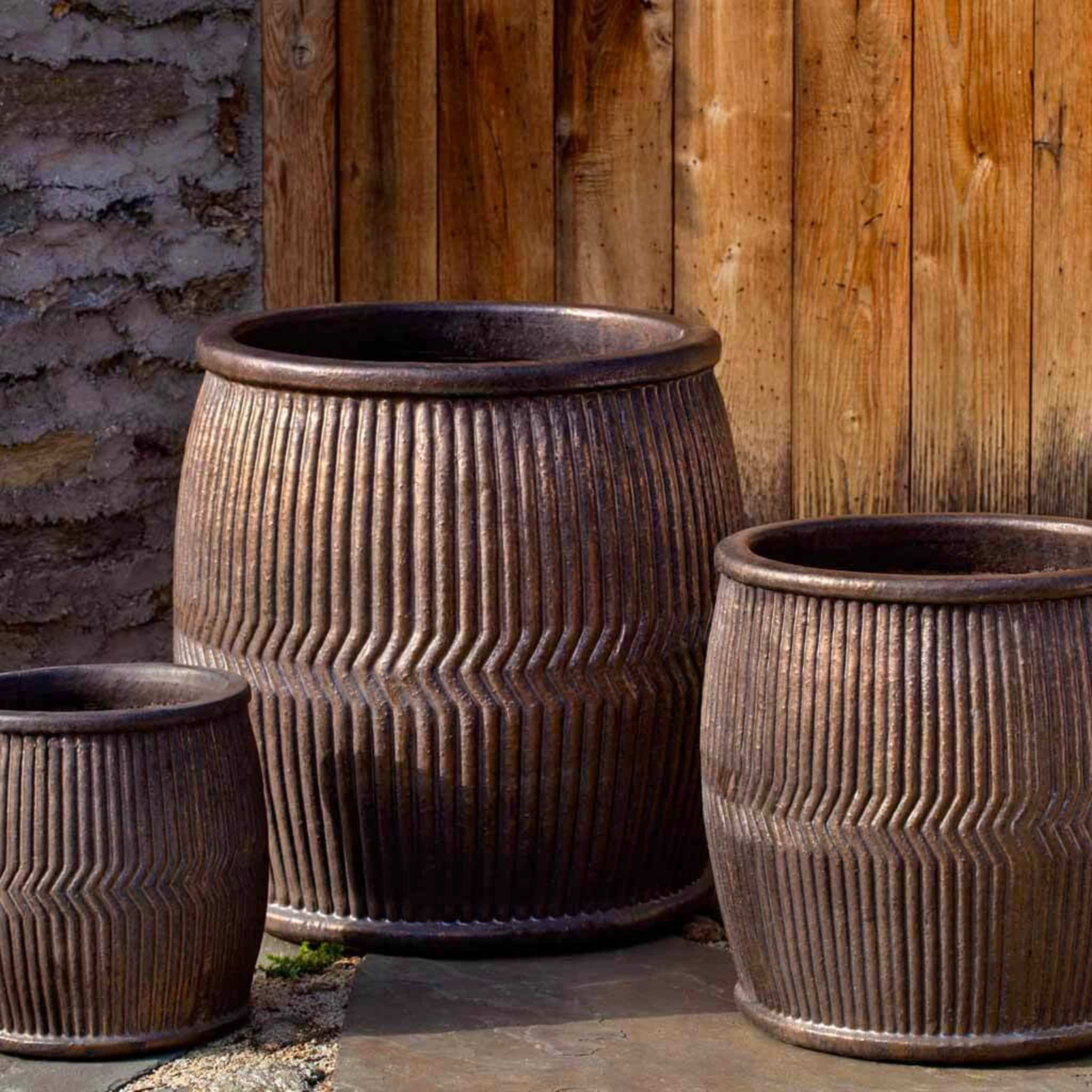 Rain Barrel Glazed Set of 3 Terra Cotta Planters - Campania #6830