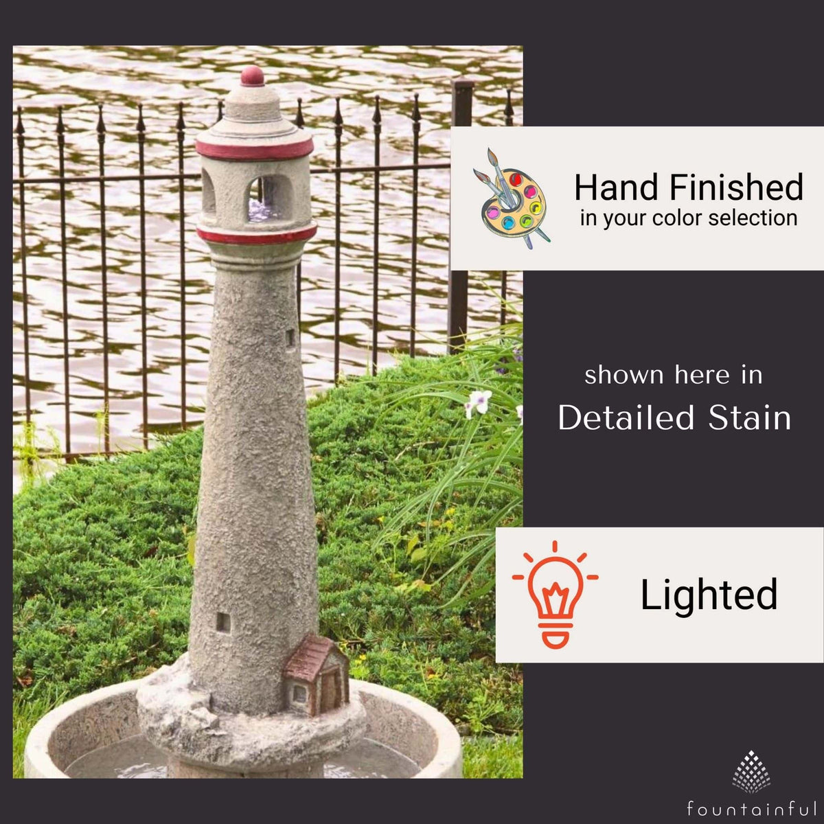 Lighthouse Concrete Fountain w/Lights - Massarellis #3630