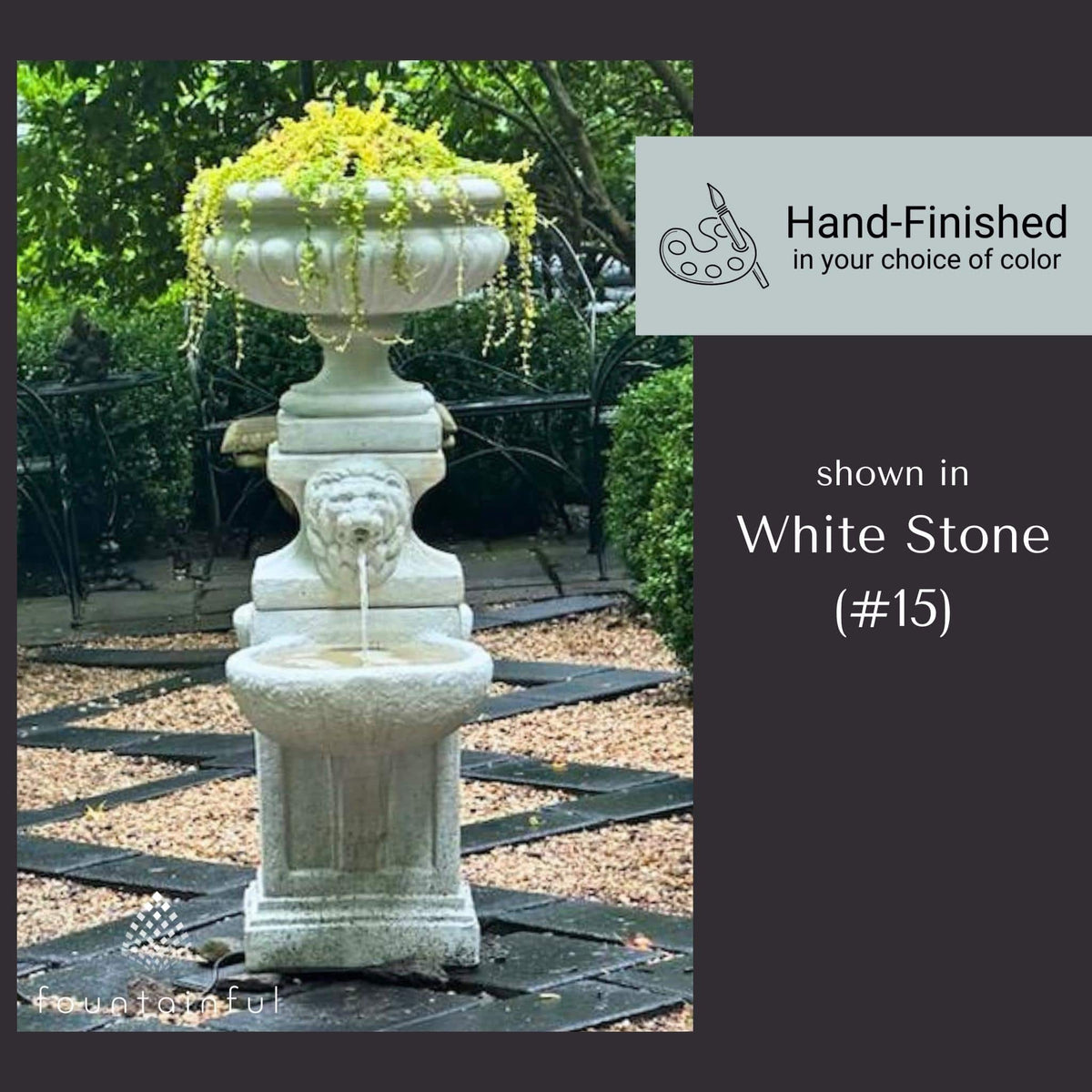Lion Head 2-Bowl Concrete Fountain w/ Milano Planter Urn - Massarellis #3527