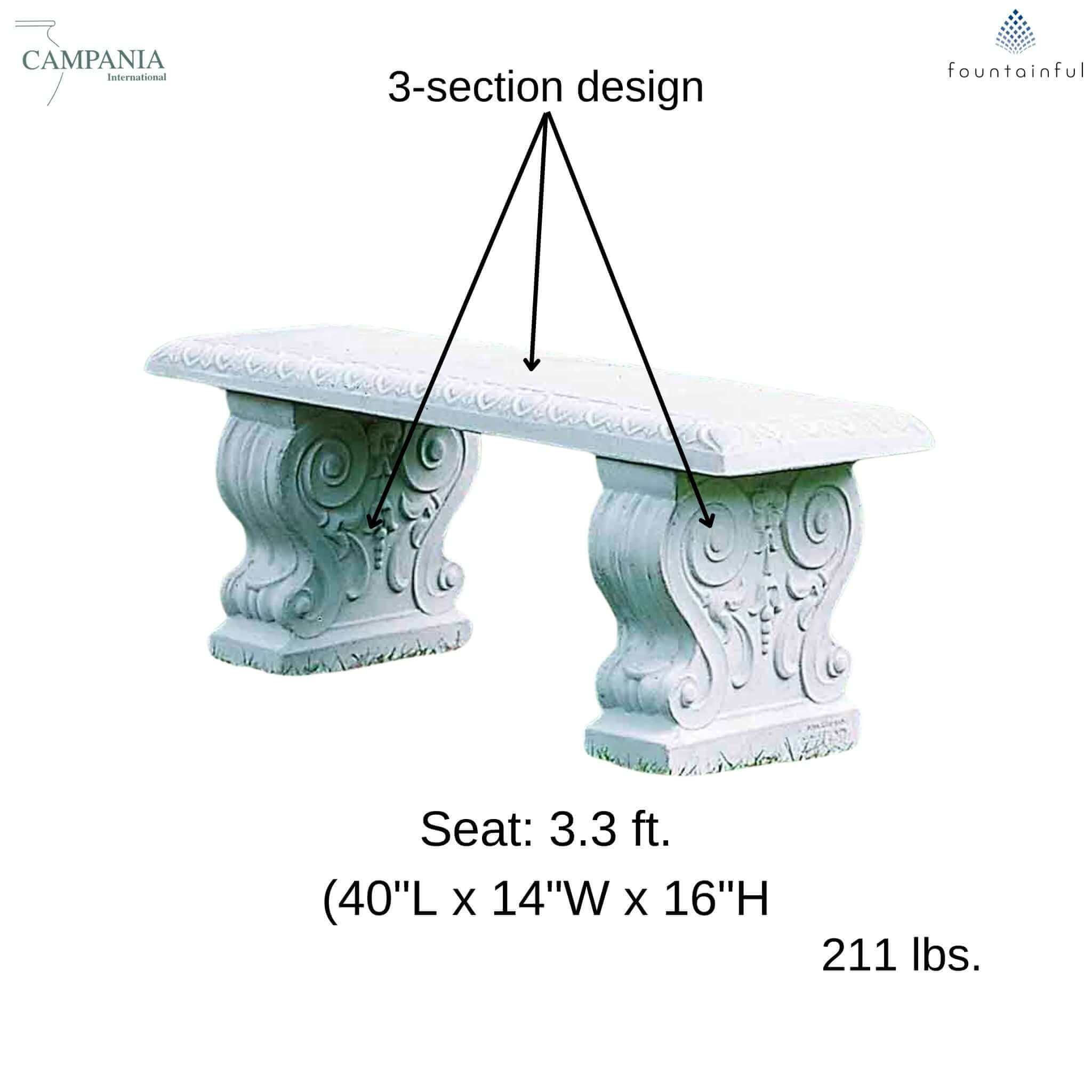 Traditional Straight Concrete Garden Bench - Campania #BE02
