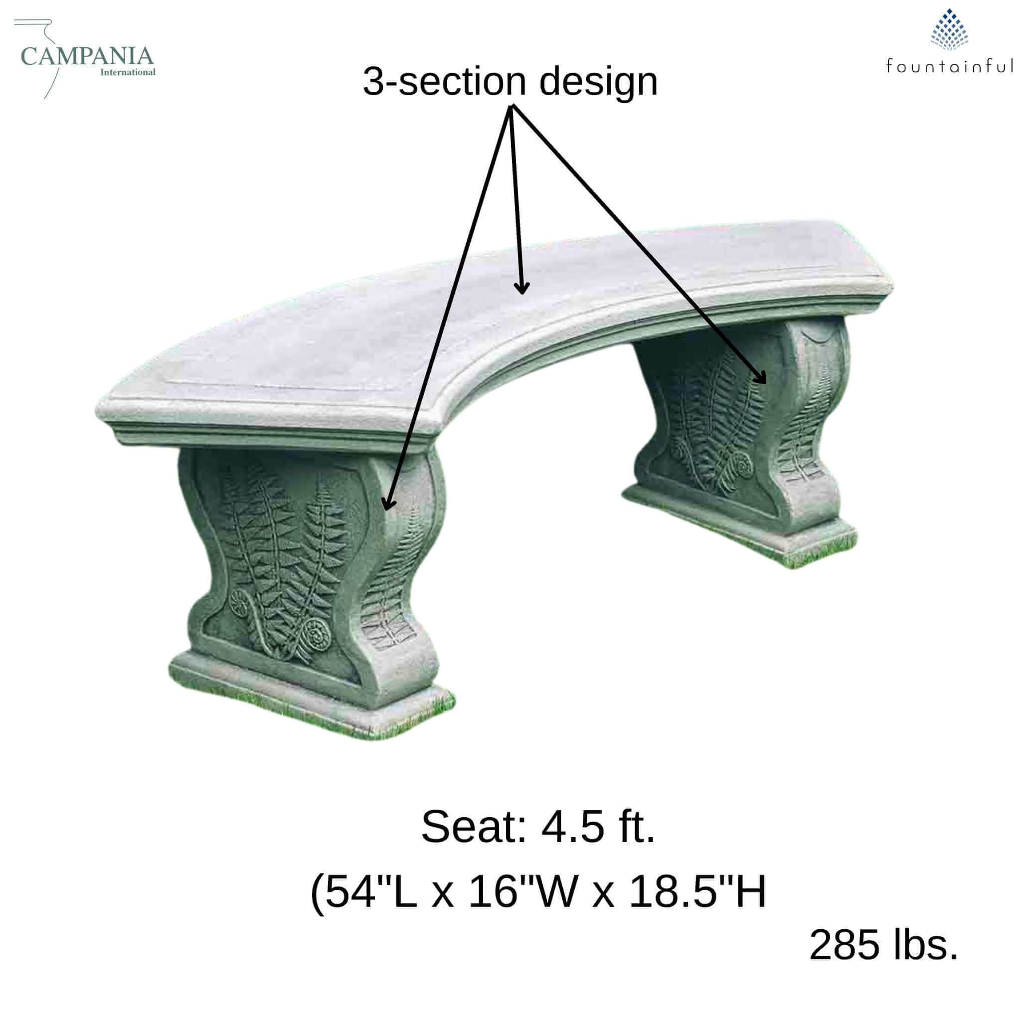 Curved Woodland Ferns Concrete Garden Bench - Campania #BE21