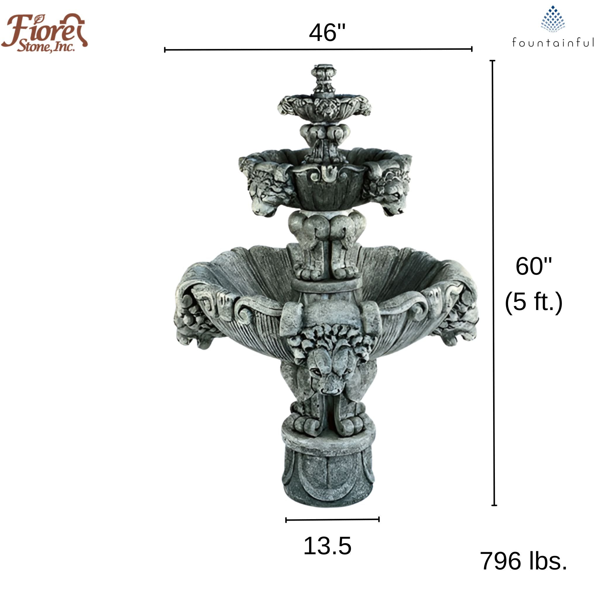 Medium Lion 3-Tier Concrete Fountain - Fiore #257FM