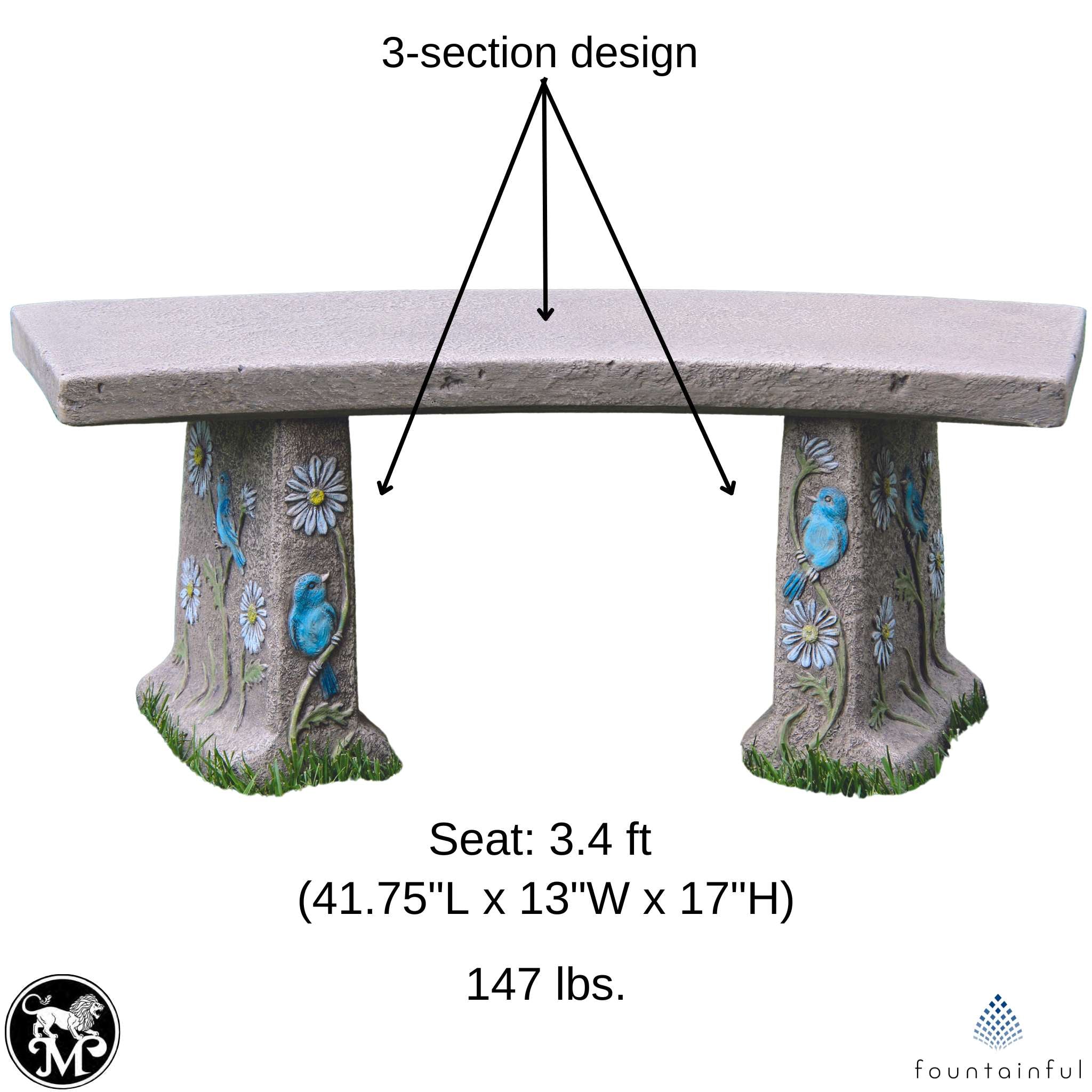 Bluebird & Flowers Concrete Garden Bench - Massarellis #4148