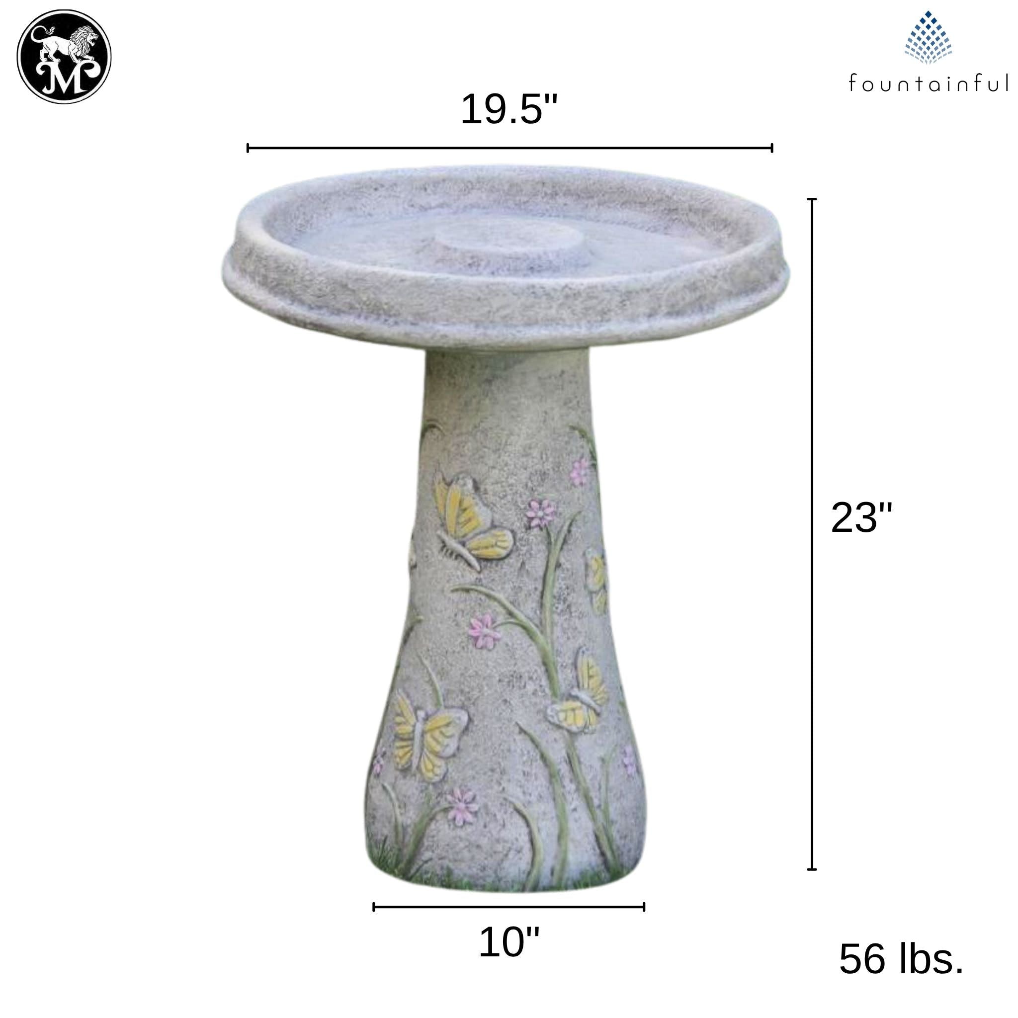 Butterfly & Flowers Concrete Bird Bath - Massarellis #9751