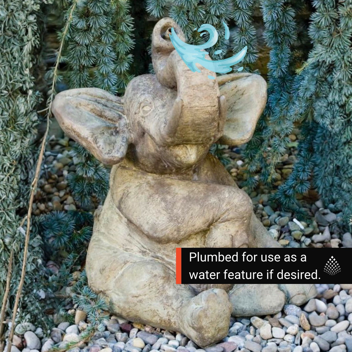 Sitting Elephant Plumbed Concrete Water Statue - Massarellis #2866