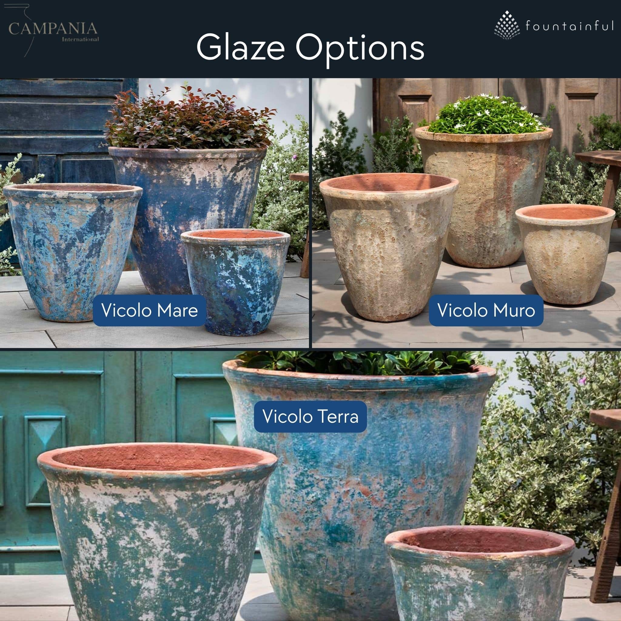 Alicante Set of 3 Glazed Terra Cotta Planters - Campania #5039