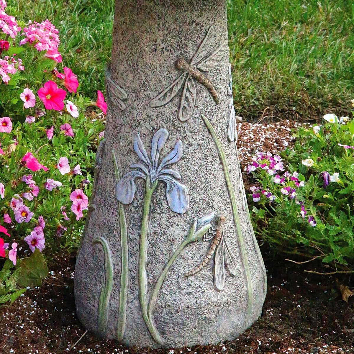 Dragonfly & Flowers Concrete Bird Bath - Massarellis #9753