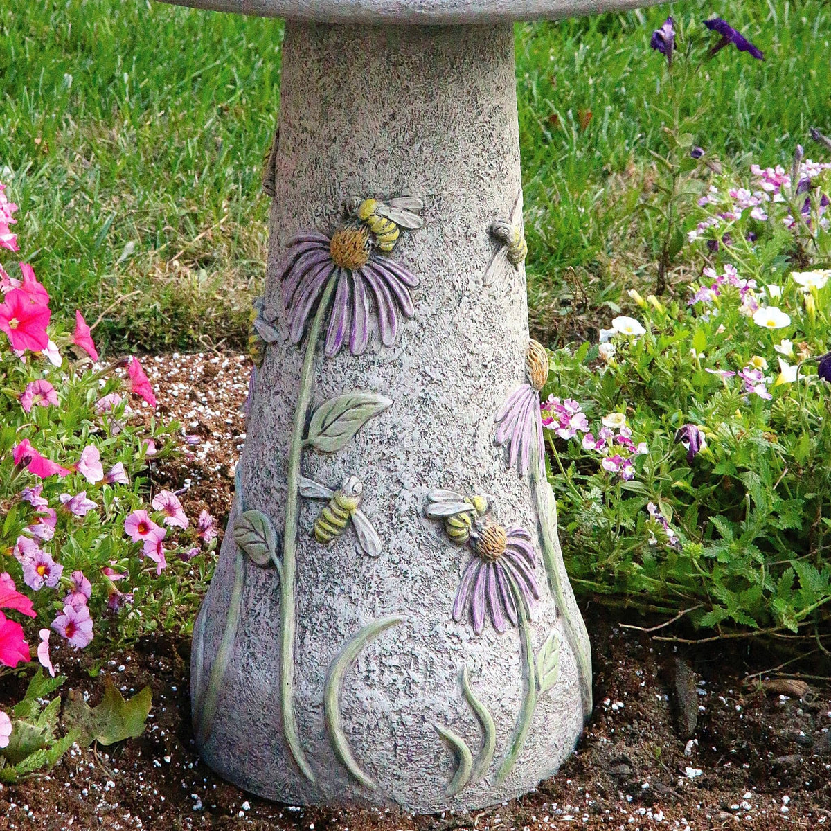 Honeybee & Flowers Concrete Bird Bath - Massarellis #9752
