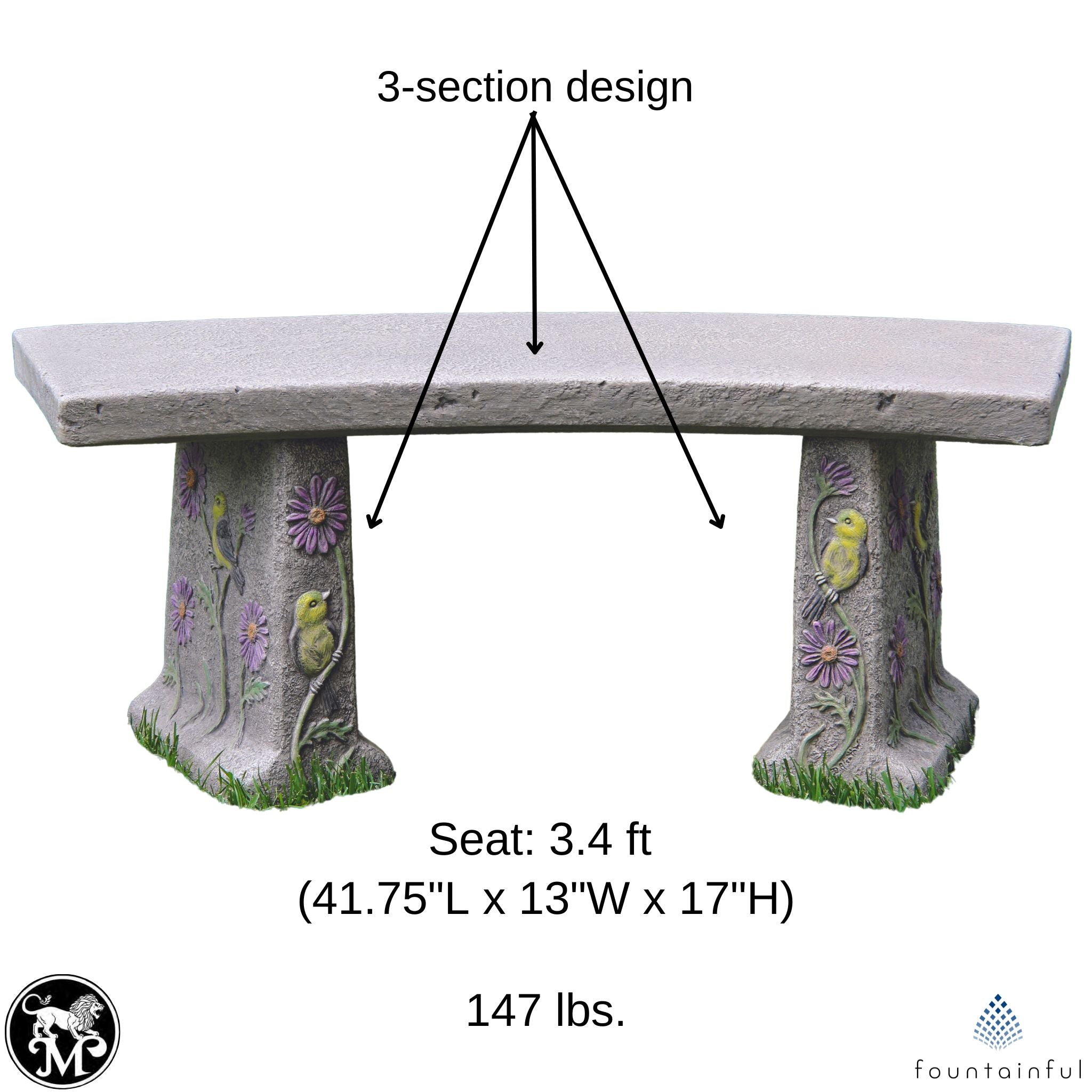 Songbird & Flowers Concrete Garden Bench - Massarellis #4167