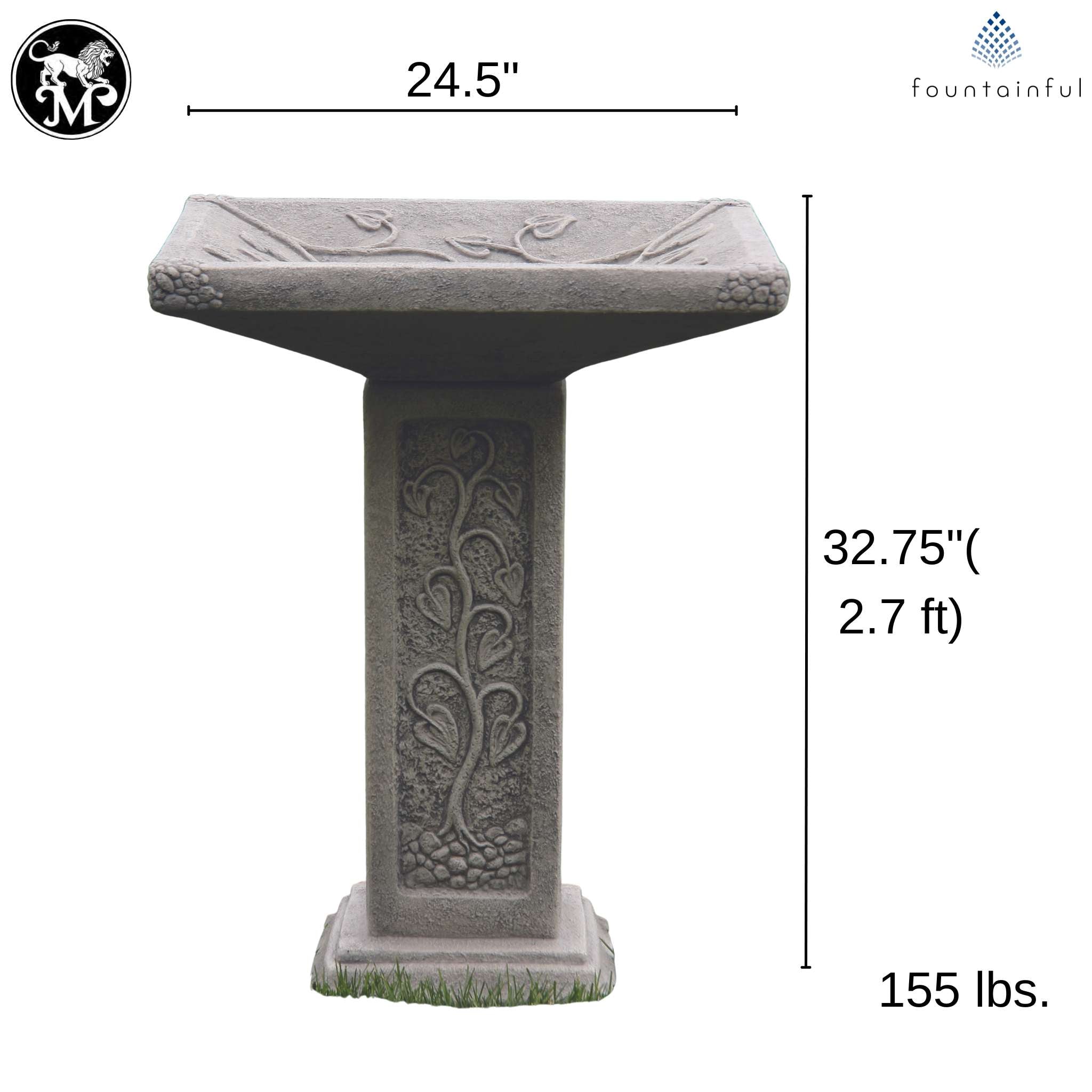 Square 32" Concrete Bird Bath - Massarellis #9717