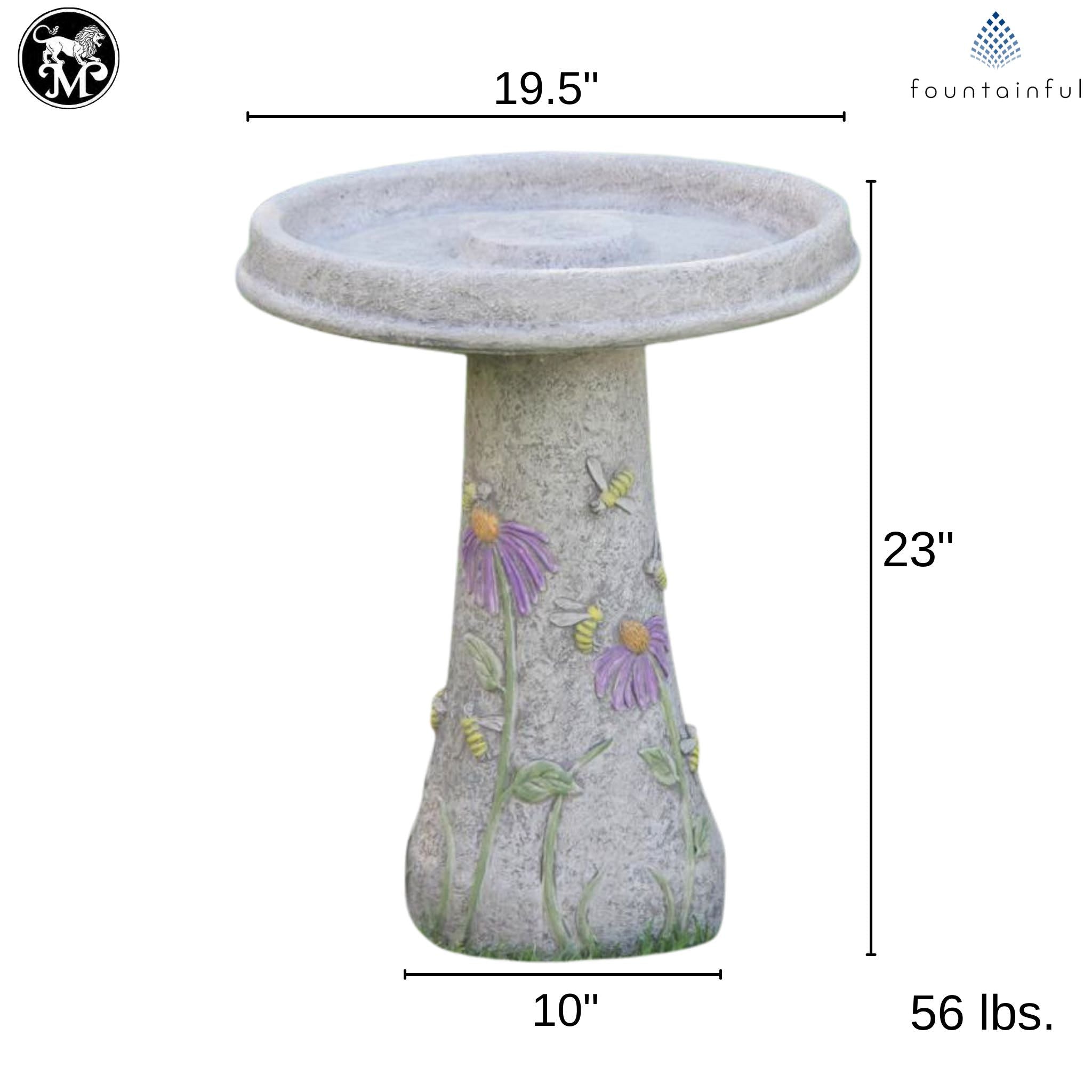 Honeybee & Flowers Concrete Bird Bath - Massarellis #9752