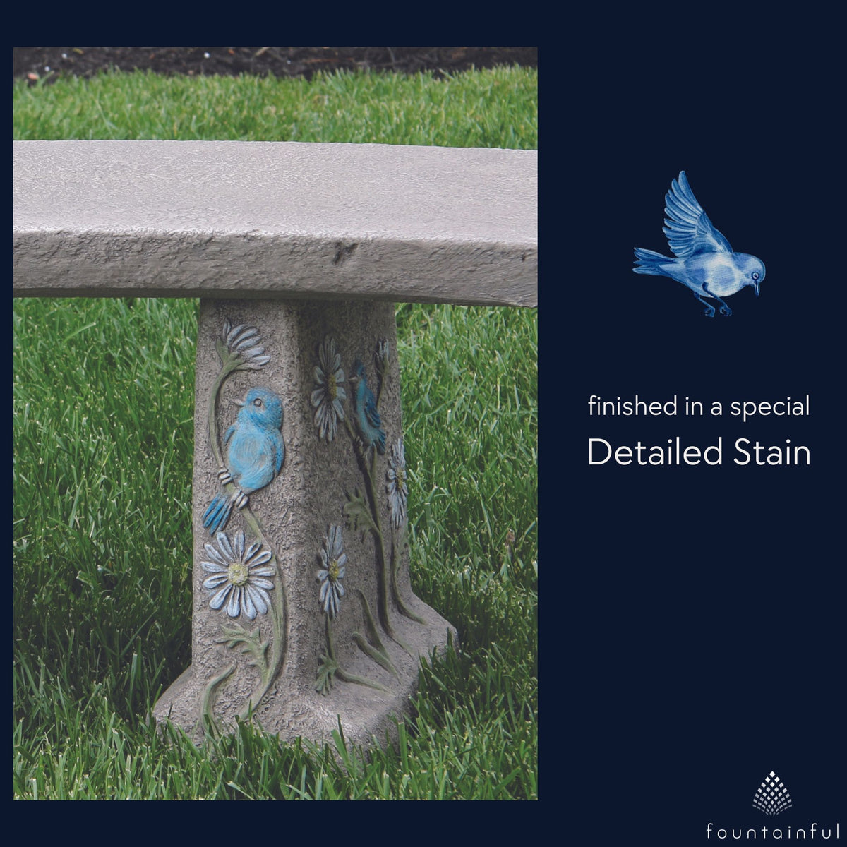 Bluebird & Flowers Concrete Garden Bench - Massarellis #4148
