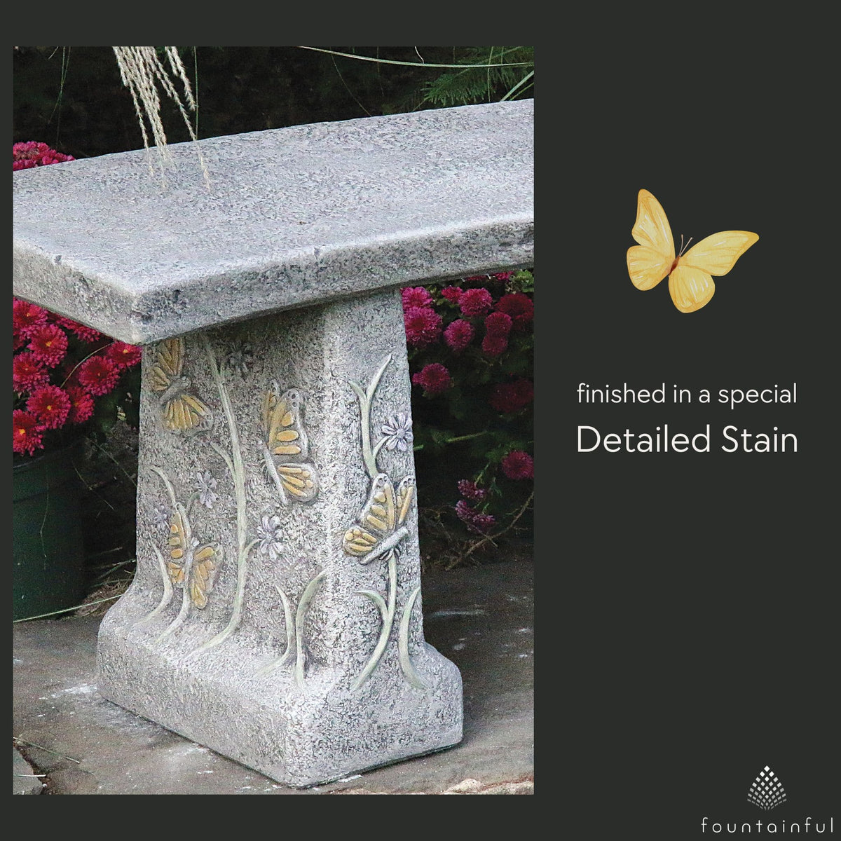 Butterfly & Flowers Concrete Garden Bench - Massarellis #4174